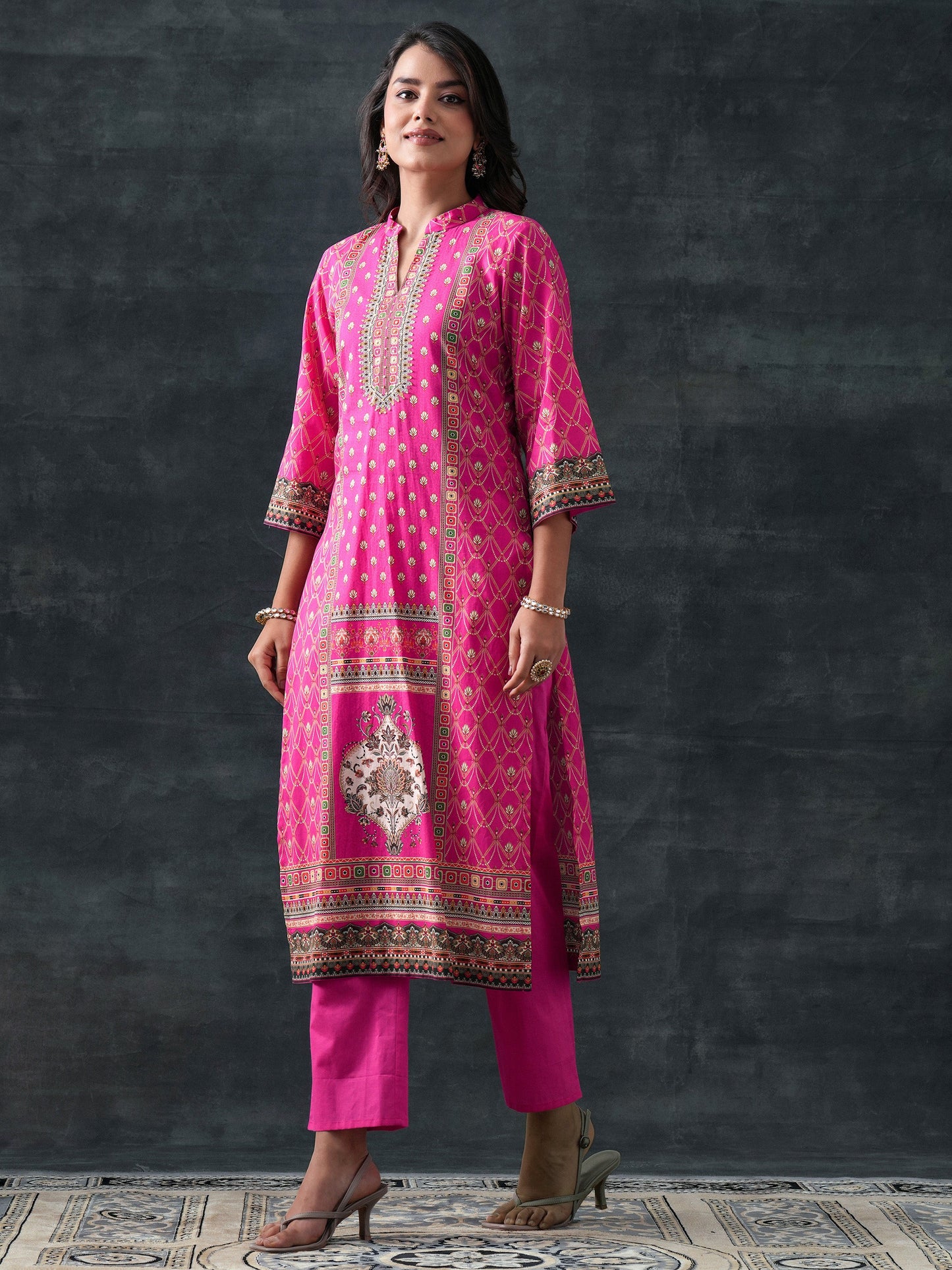 Pink Printed Cotton Straight Suit Set With Dupatta