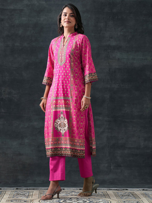Pink Printed Cotton Straight Suit Set With Dupatta