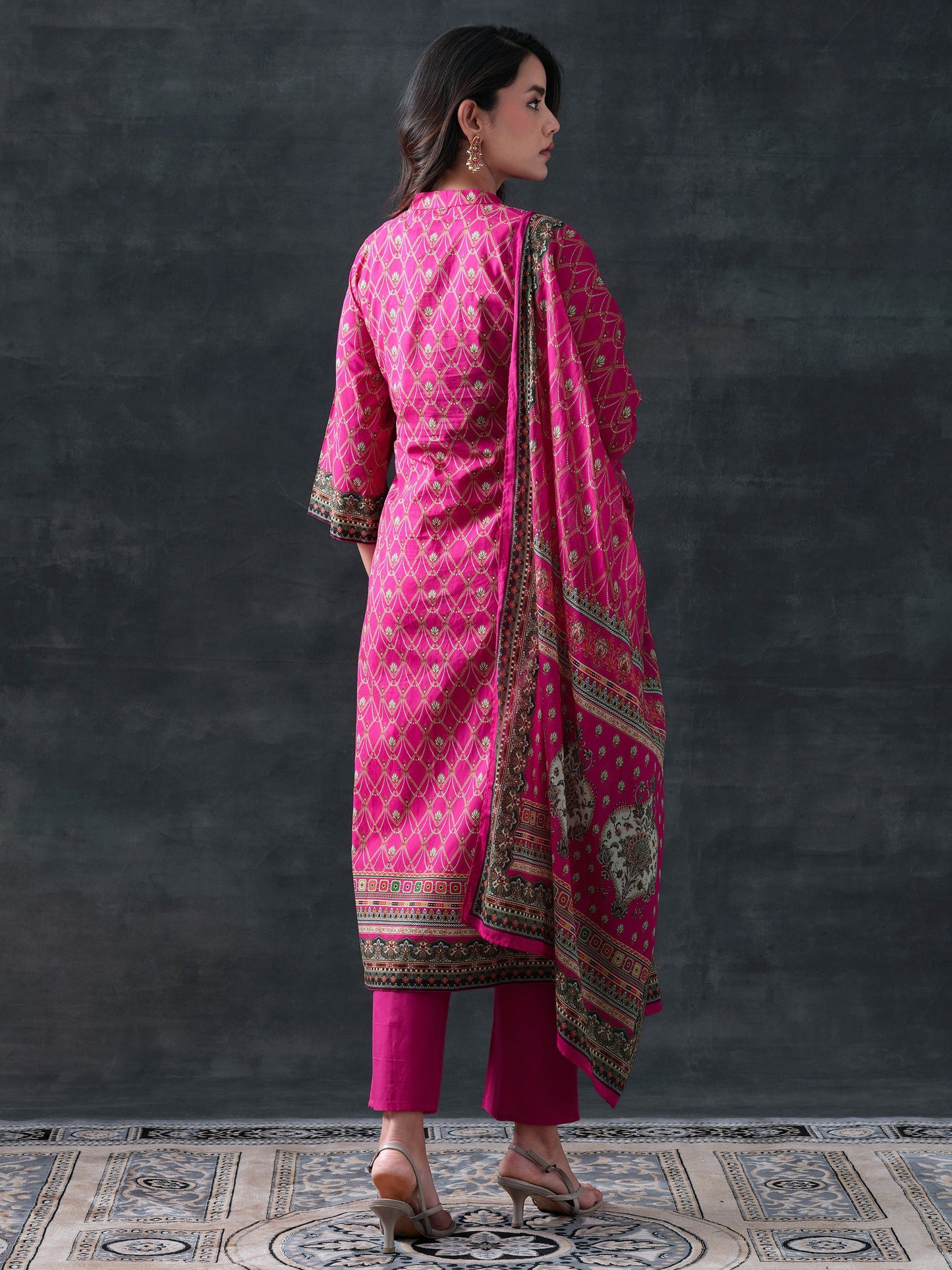 Pink Printed Cotton Straight Suit Set With Dupatta