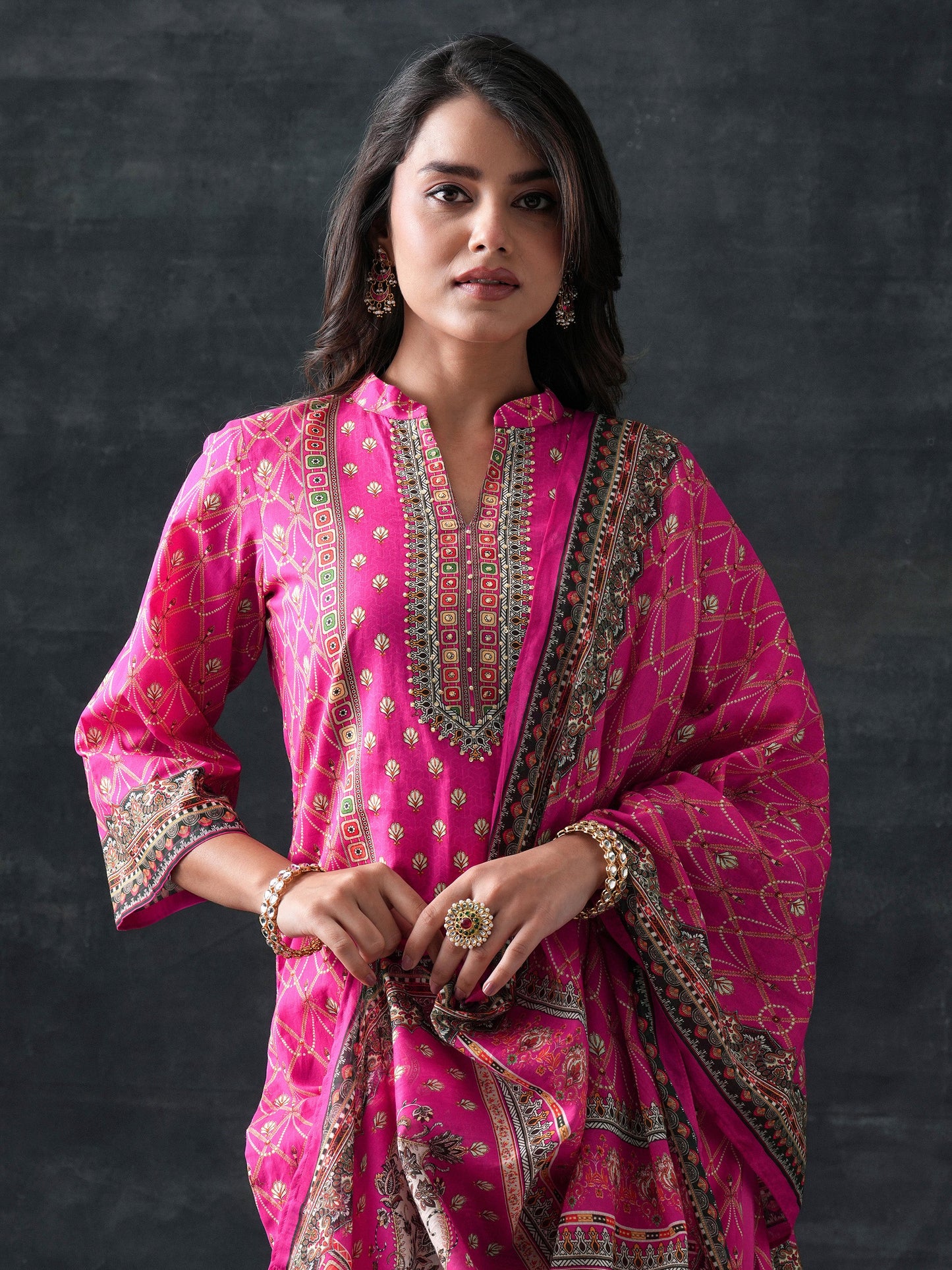 Pink Printed Cotton Straight Suit Set With Dupatta