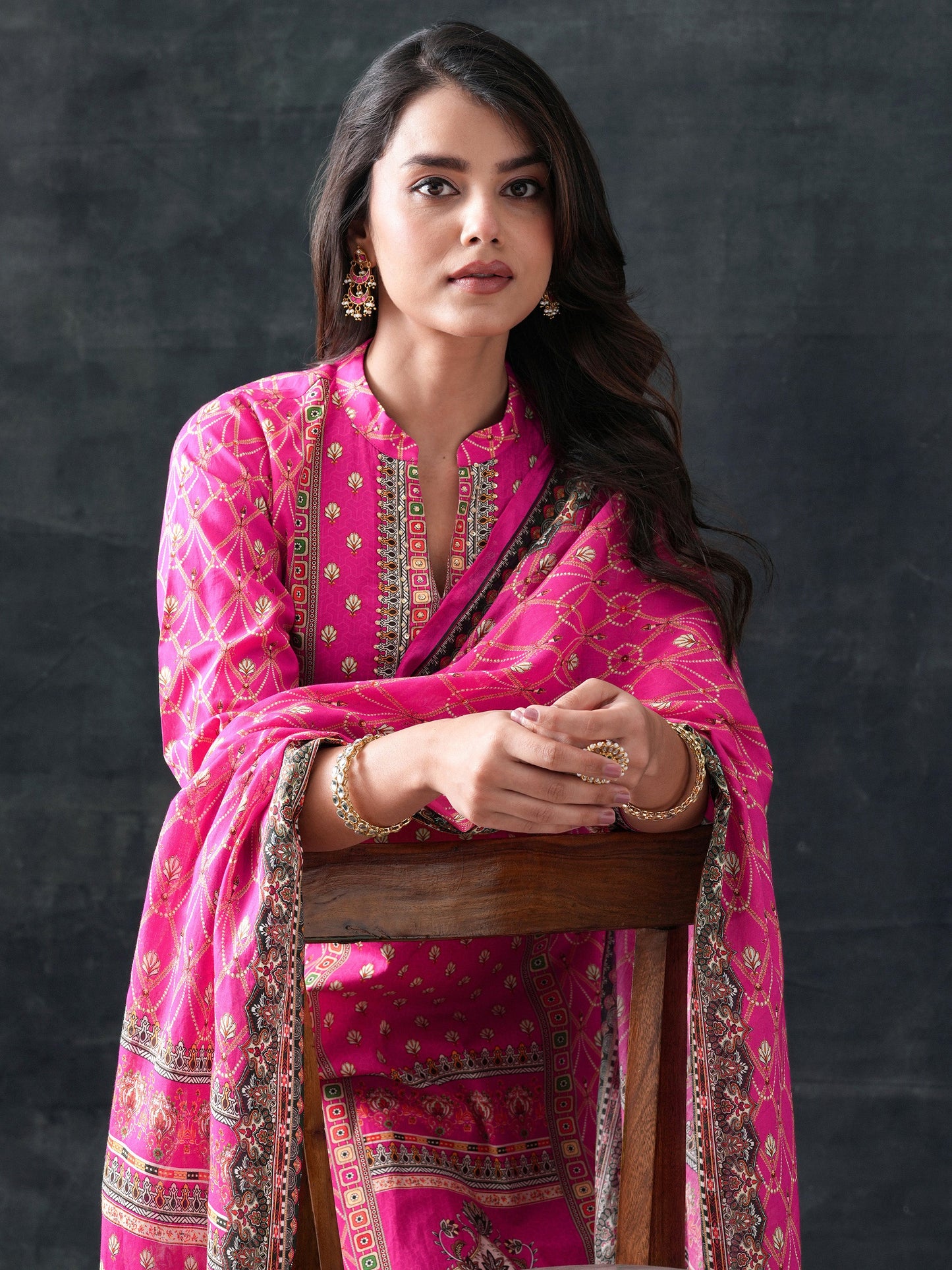Pink Printed Cotton Straight Suit Set With Dupatta