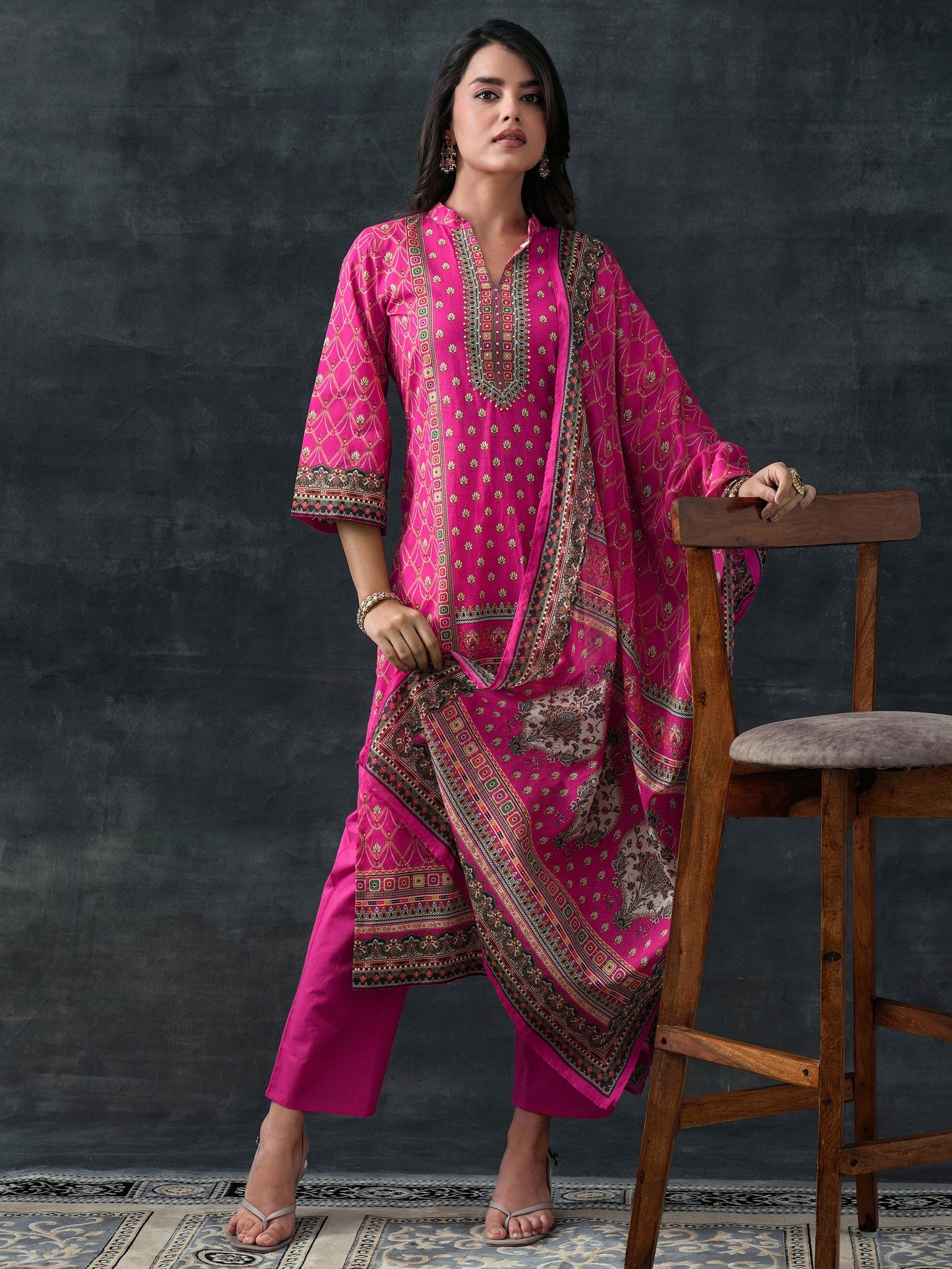 Pink Printed Cotton Straight Suit Set With Dupatta