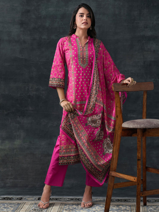 Pink Printed Cotton Straight Suit Set With Dupatta