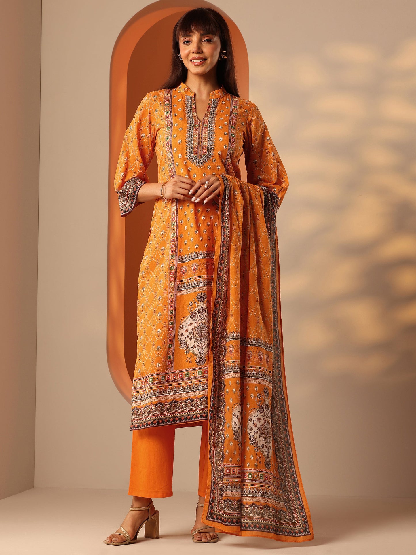 Orange Printed Cotton Straight Suit Set With Dupatta