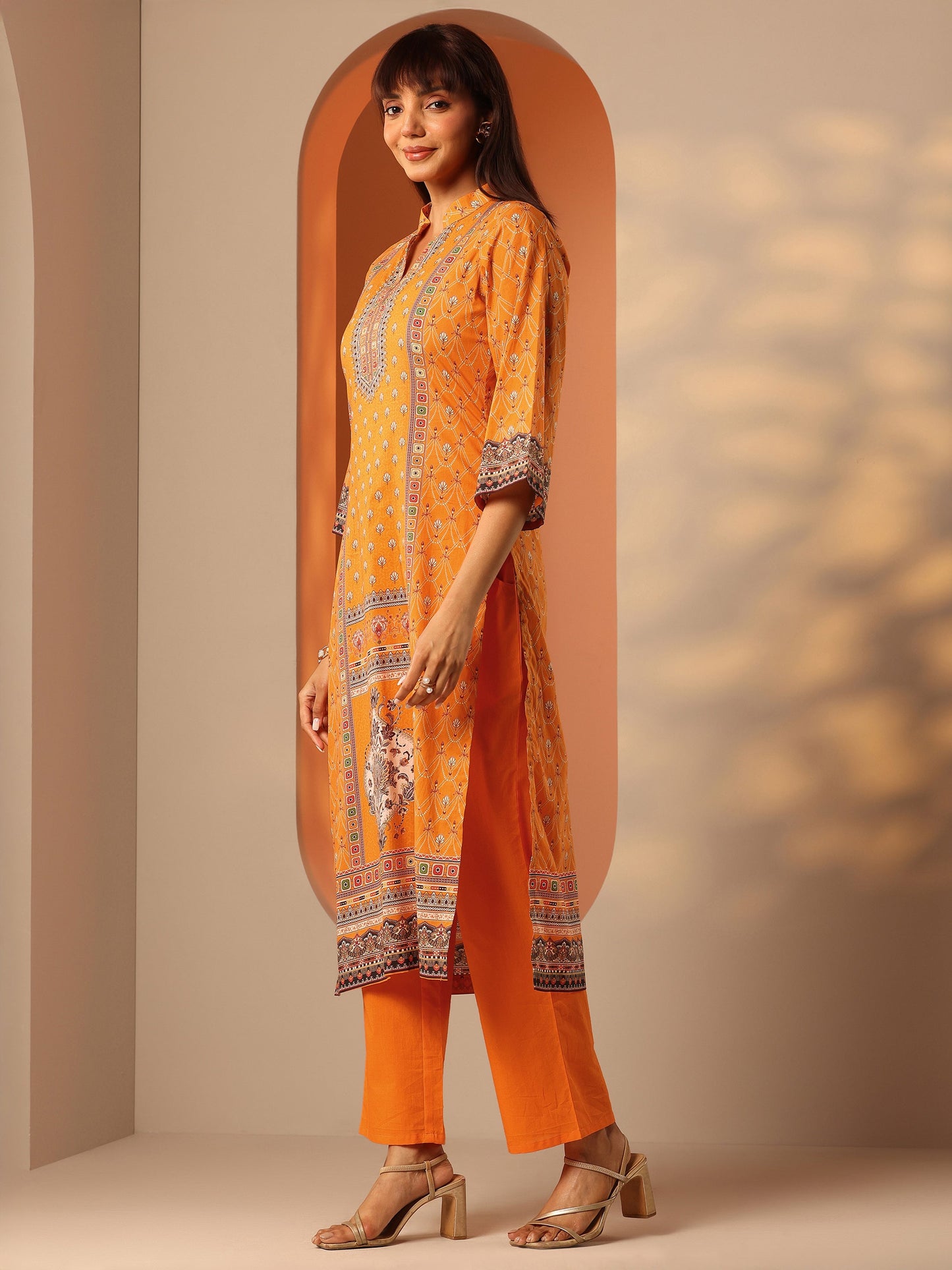 Orange Printed Cotton Straight Suit Set With Dupatta