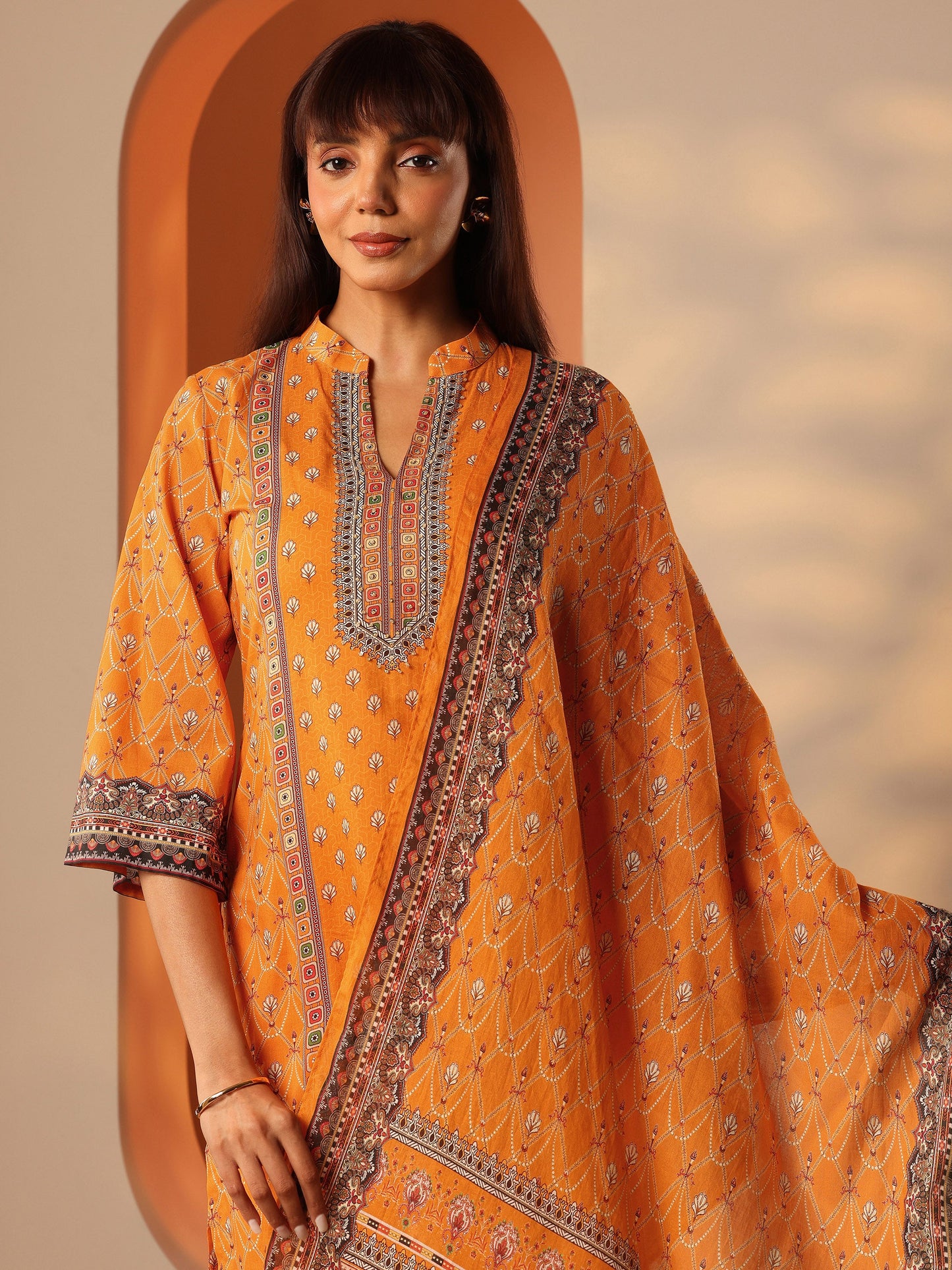 Orange Printed Cotton Straight Suit Set With Dupatta