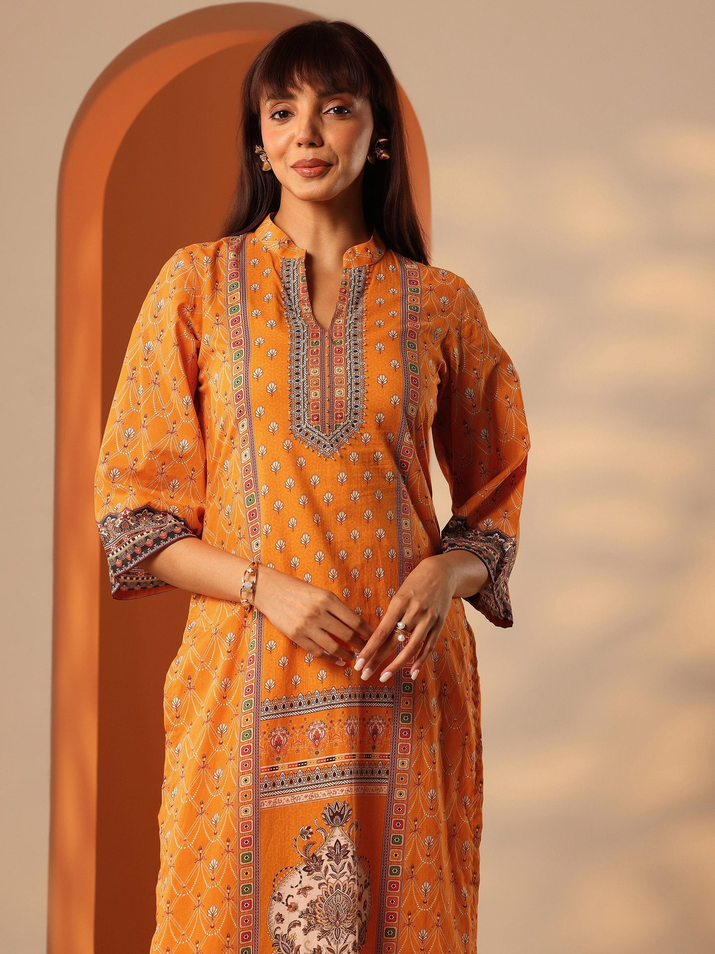 Orange Printed Cotton Straight Suit Set With Dupatta
