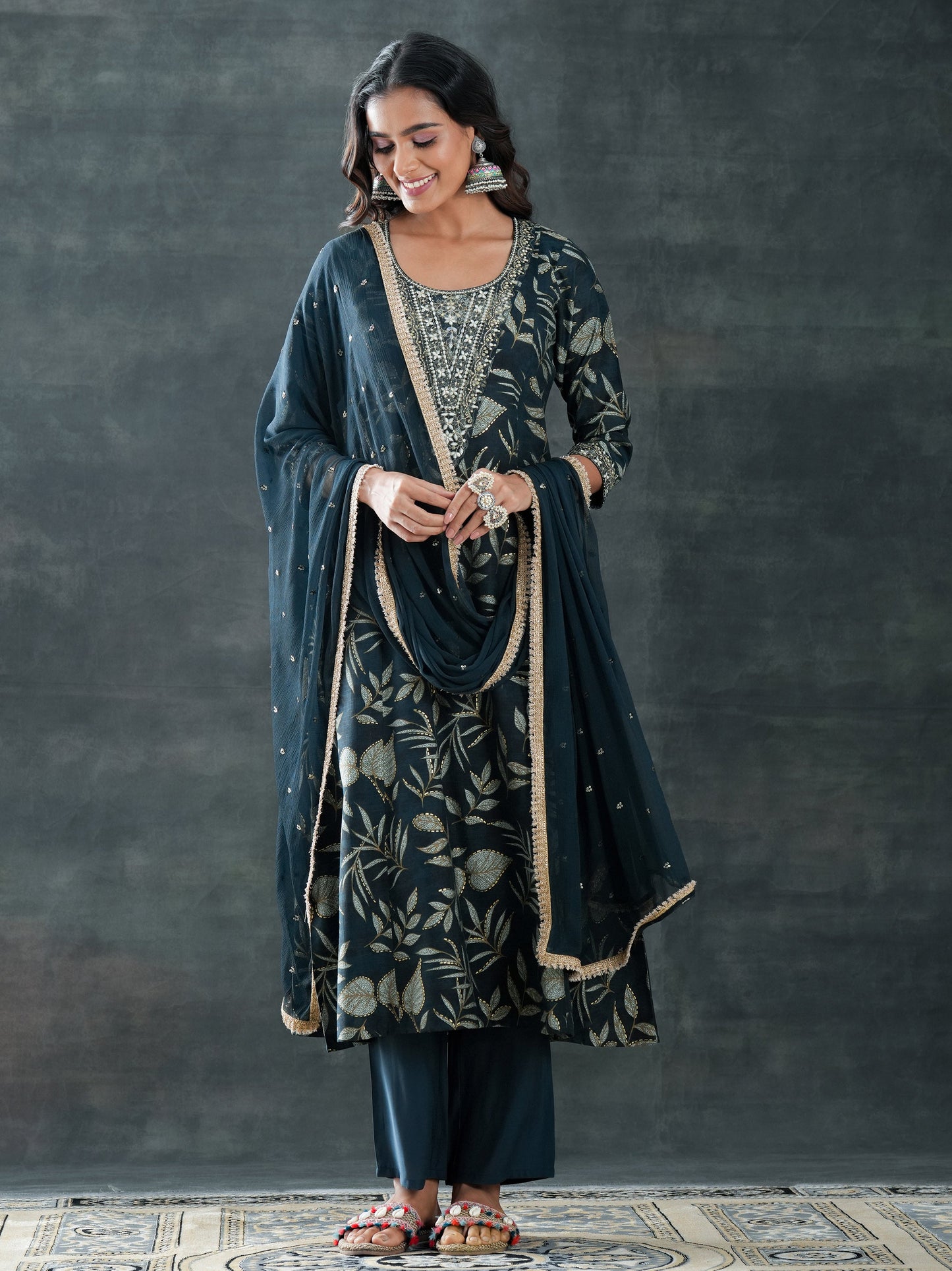 Grey Printed Silk Blend A-Line Suit Set With Dupatta