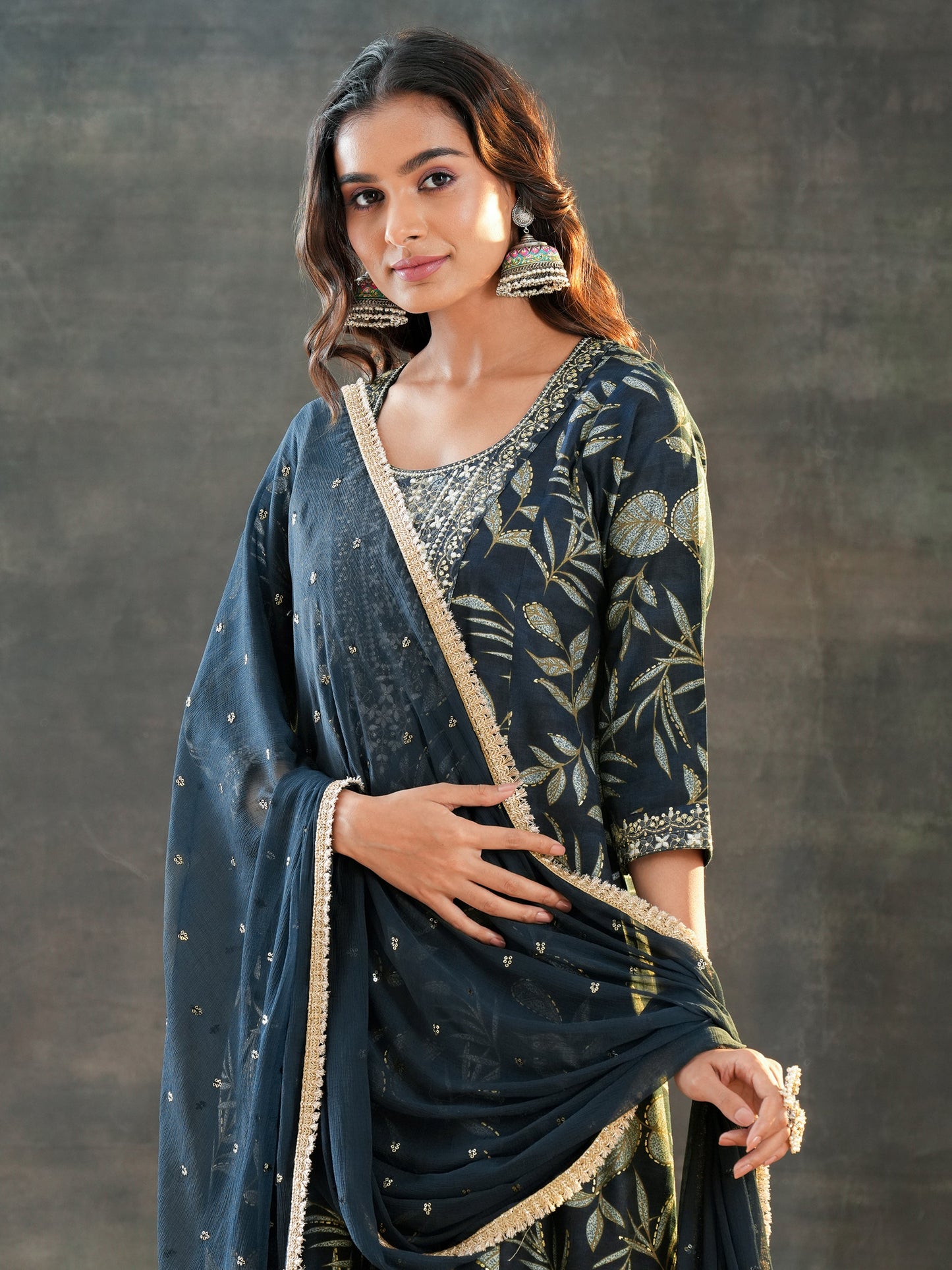 Grey Printed Silk Blend A-Line Suit Set With Dupatta