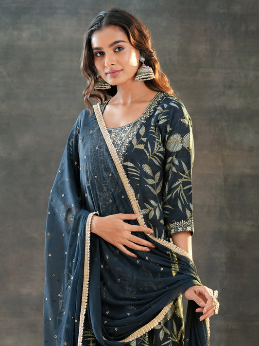 Grey Printed Silk Blend A-Line Suit Set With Dupatta