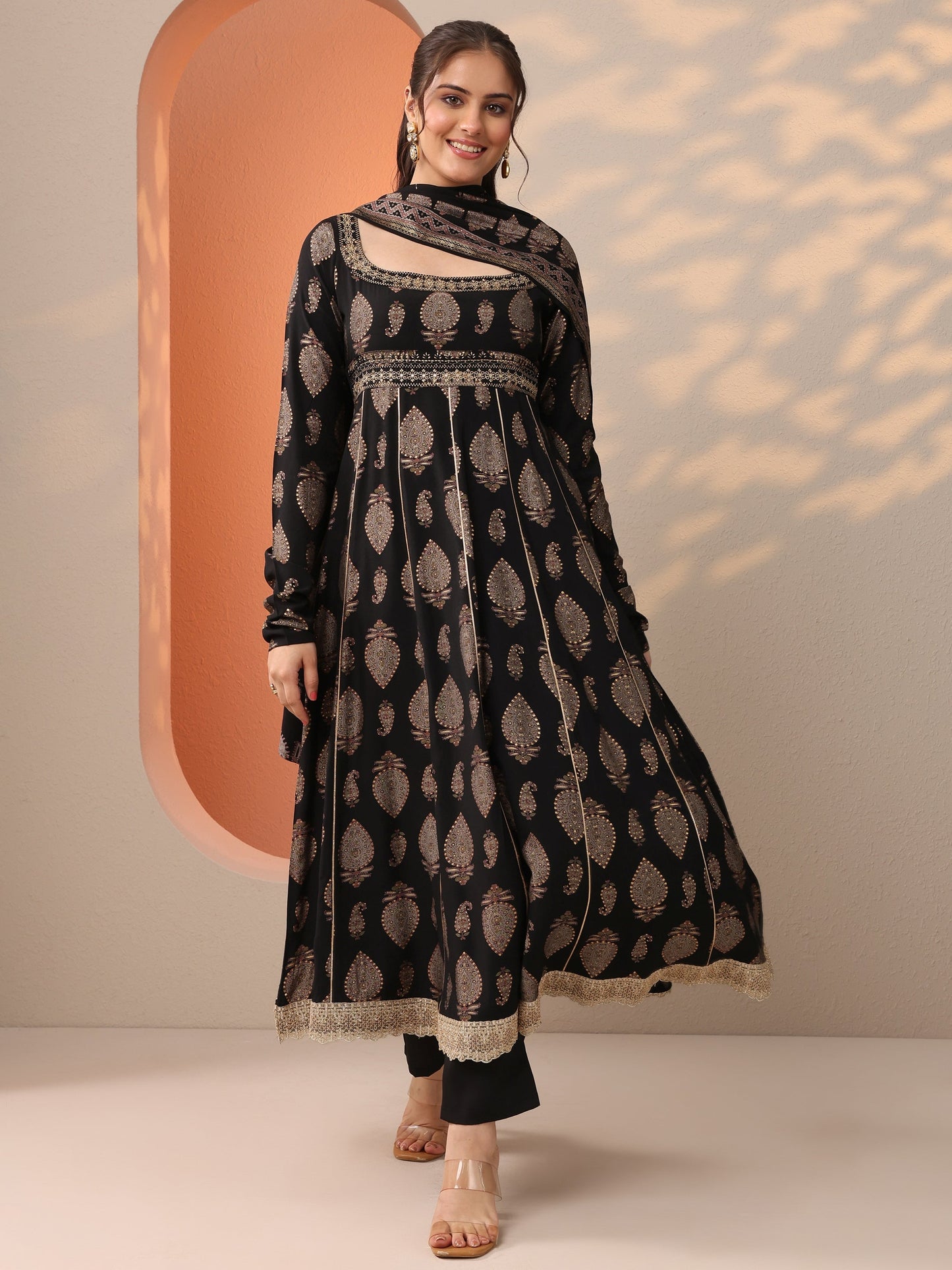 Black Printed Silk Blend Anarkali Suit Set With Dupatta