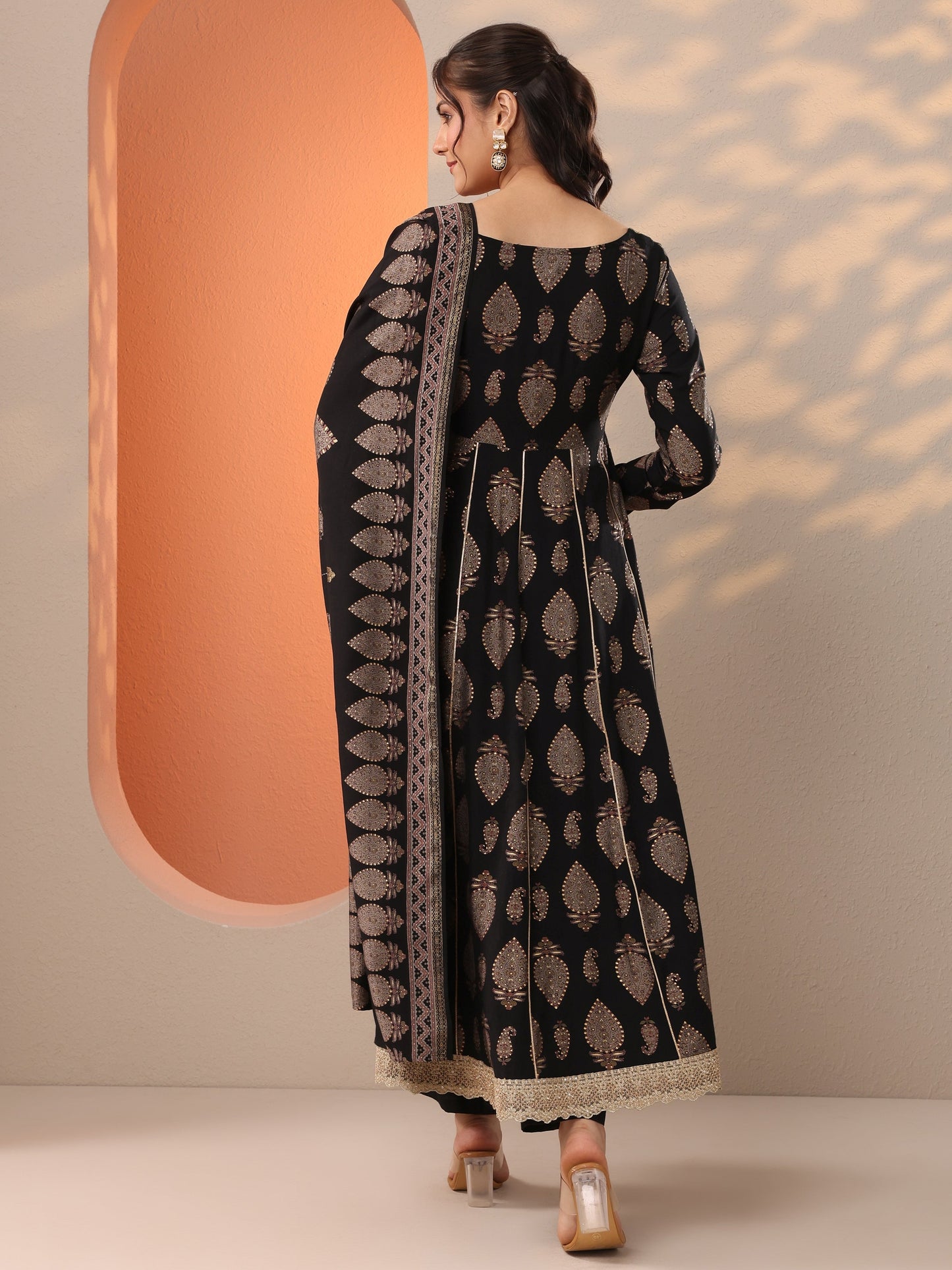 Black Printed Silk Blend Anarkali Suit Set With Dupatta