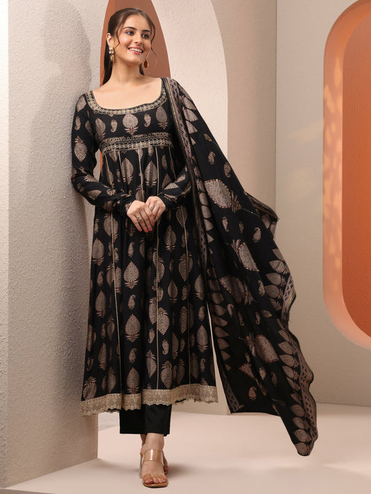 Black Printed Silk Blend Anarkali Suit Set With Dupatta
