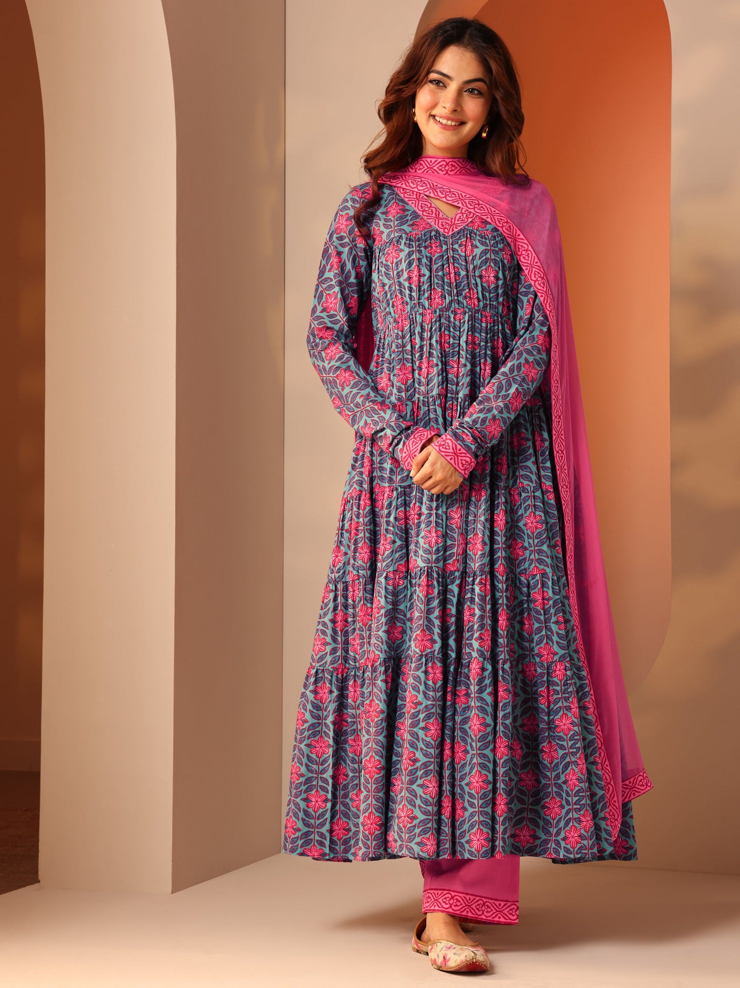 Blue Printed Cotton Anarkali Suit Set With Dupatta