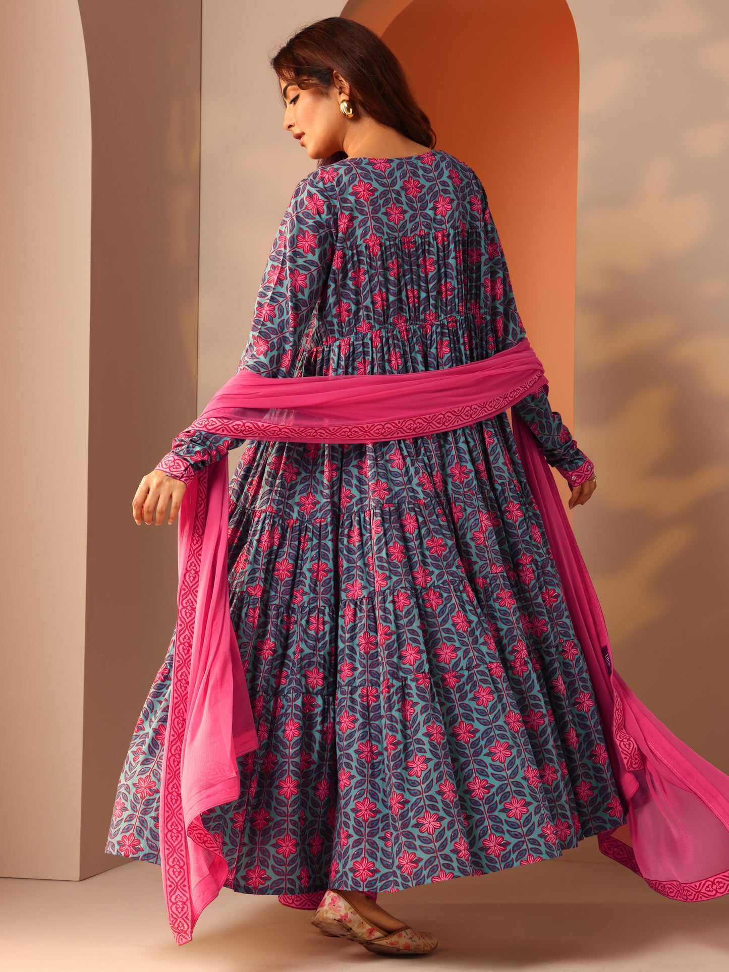 Blue Printed Cotton Anarkali Suit Set With Dupatta