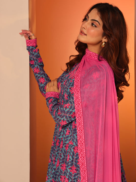 Blue Printed Cotton Anarkali Suit Set With Dupatta