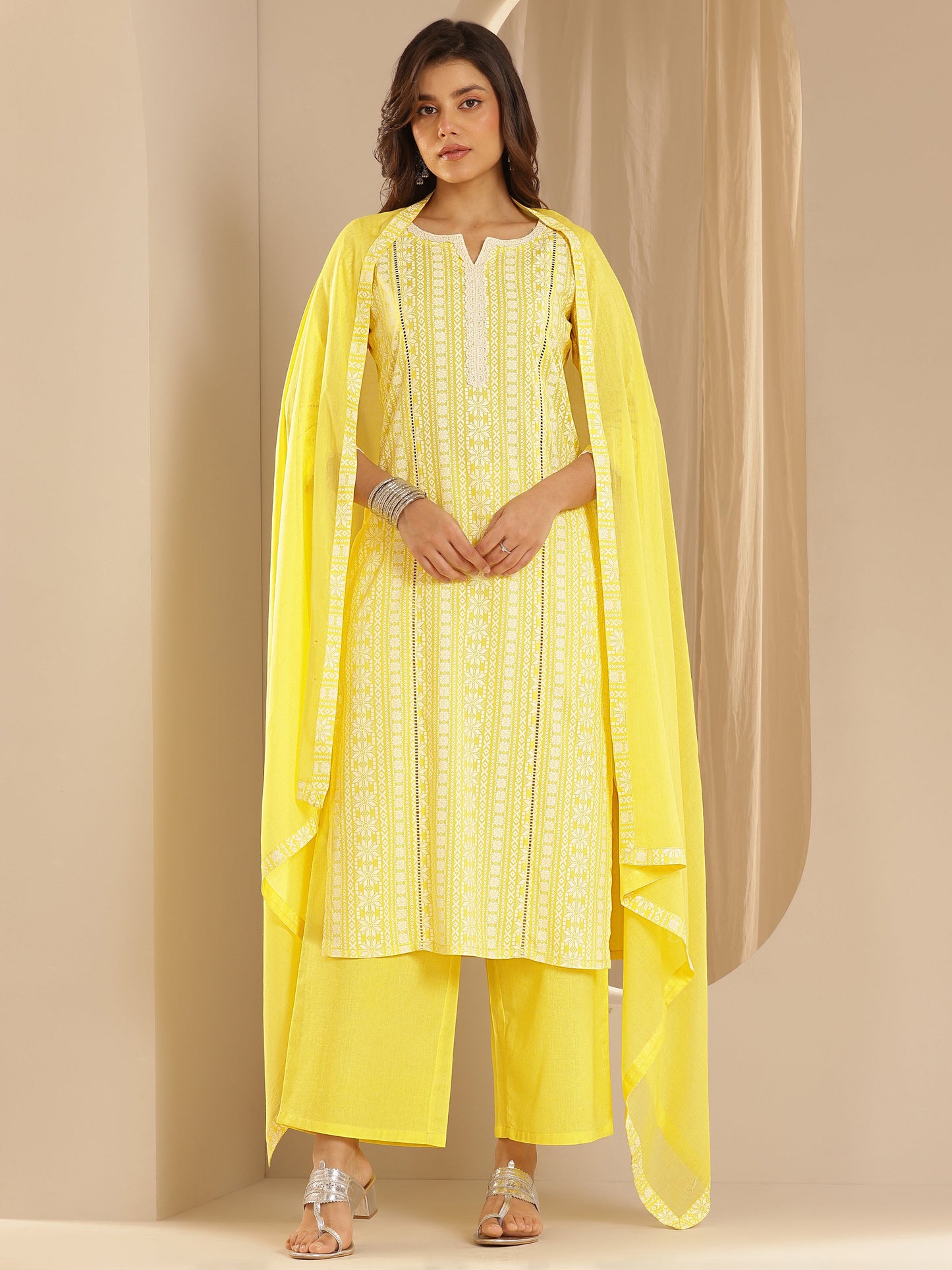 Yellow Printed Rayon Straight Suit Set With Dupatta