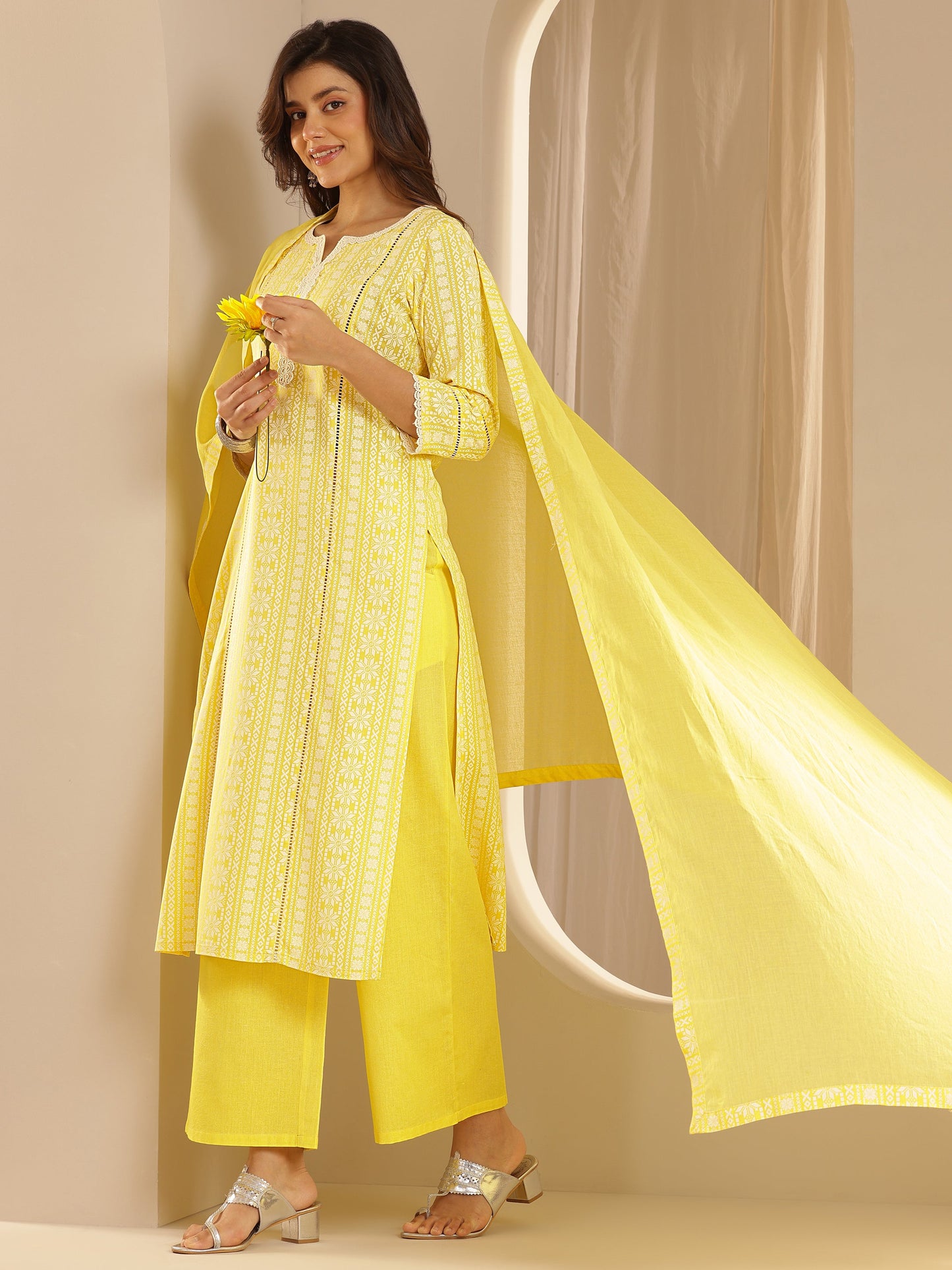 Yellow Printed Rayon Straight Suit Set With Dupatta