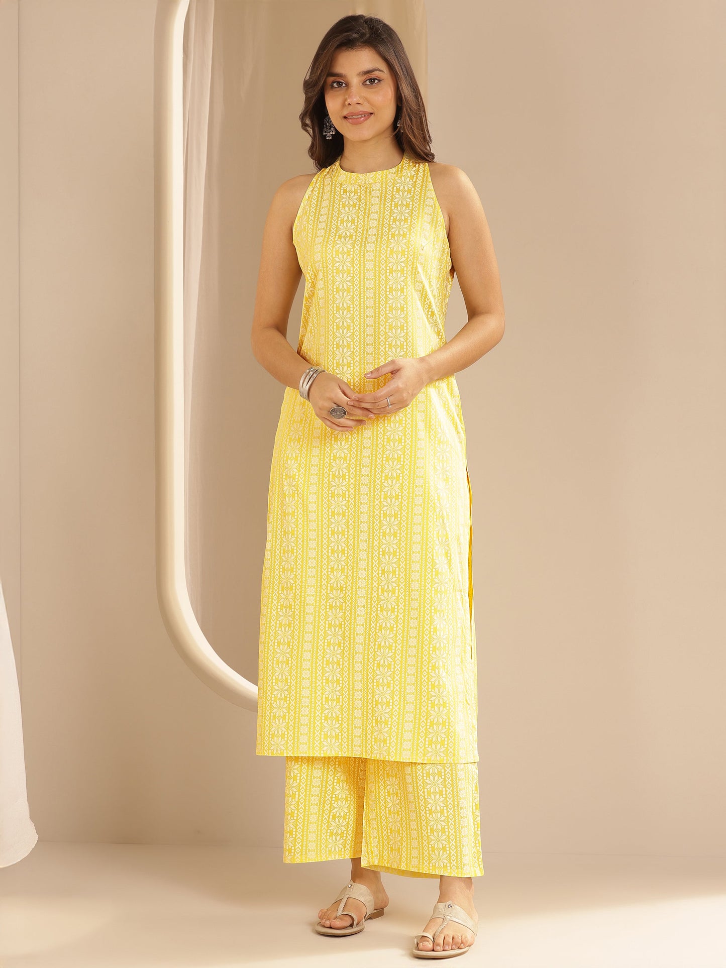 Yellow Printed Rayon Straight Kurta Set