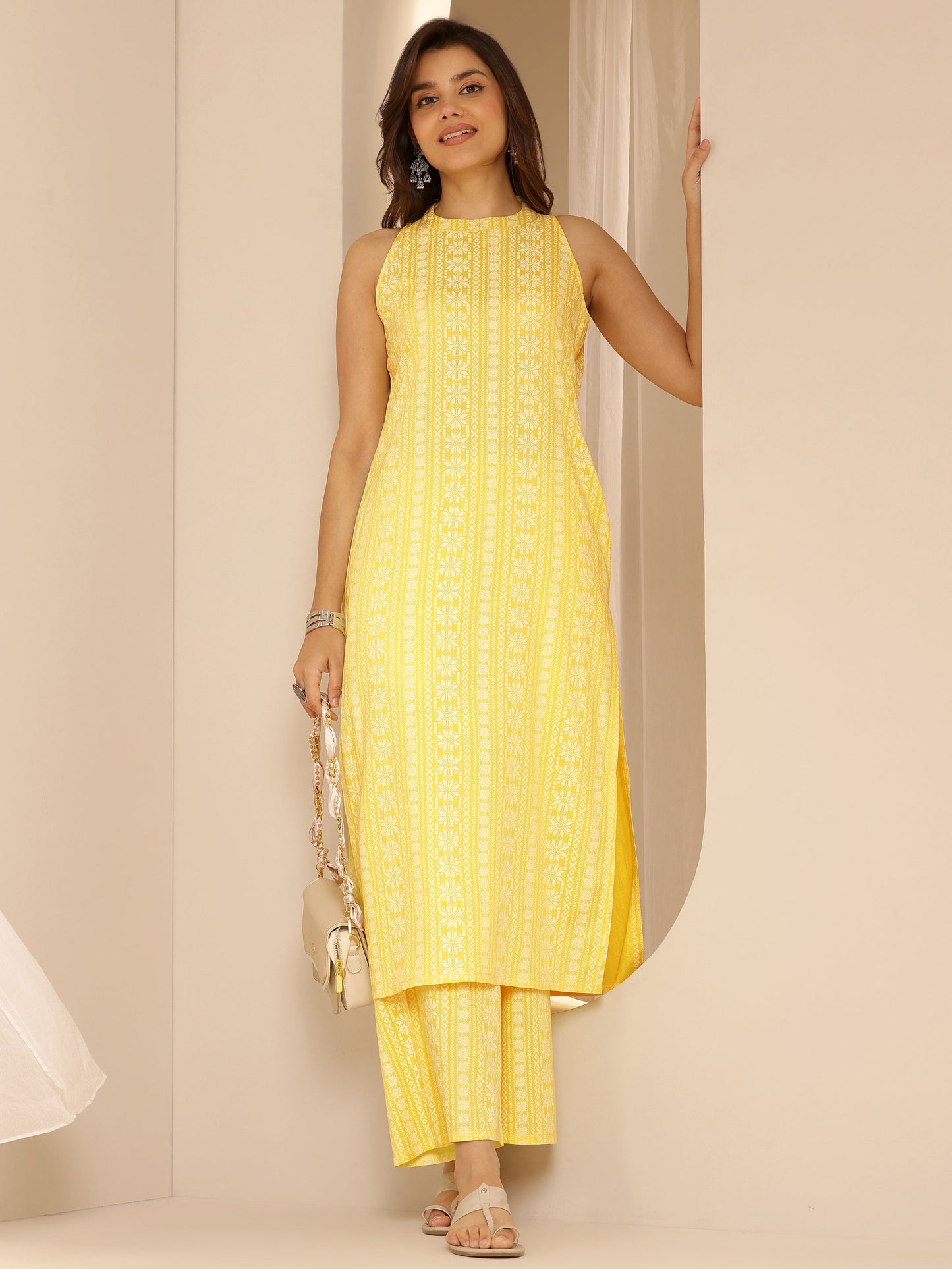 Yellow Printed Rayon Straight Kurta Set