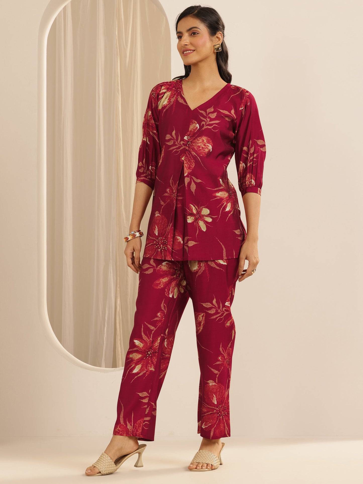 Maroon Printed Silk Blend Co-ord Sets