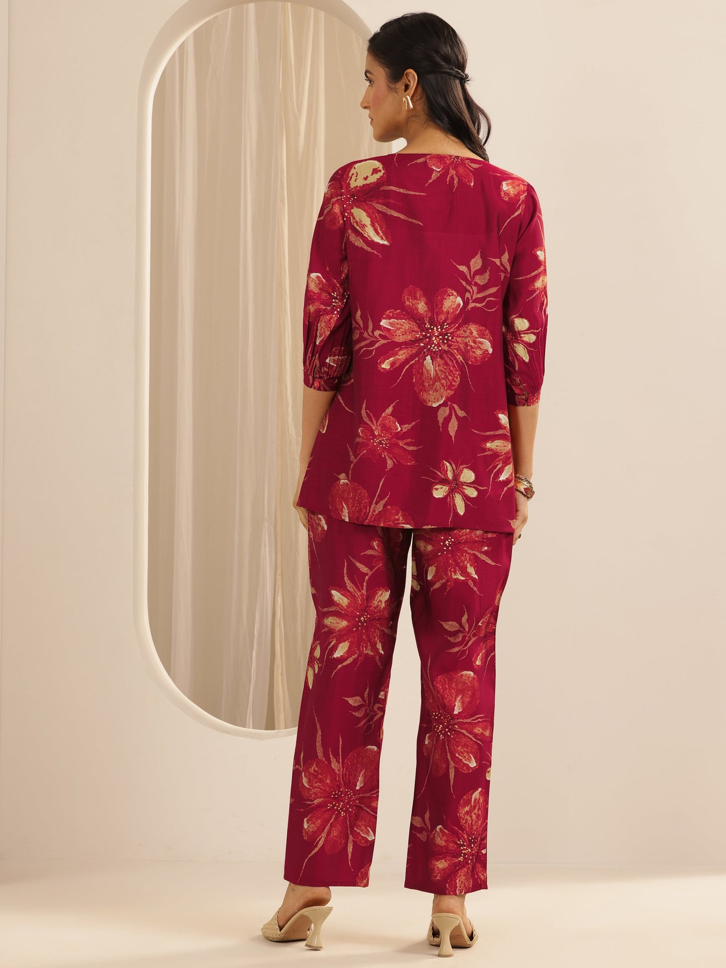 Maroon Printed Silk Blend Co-ord Sets