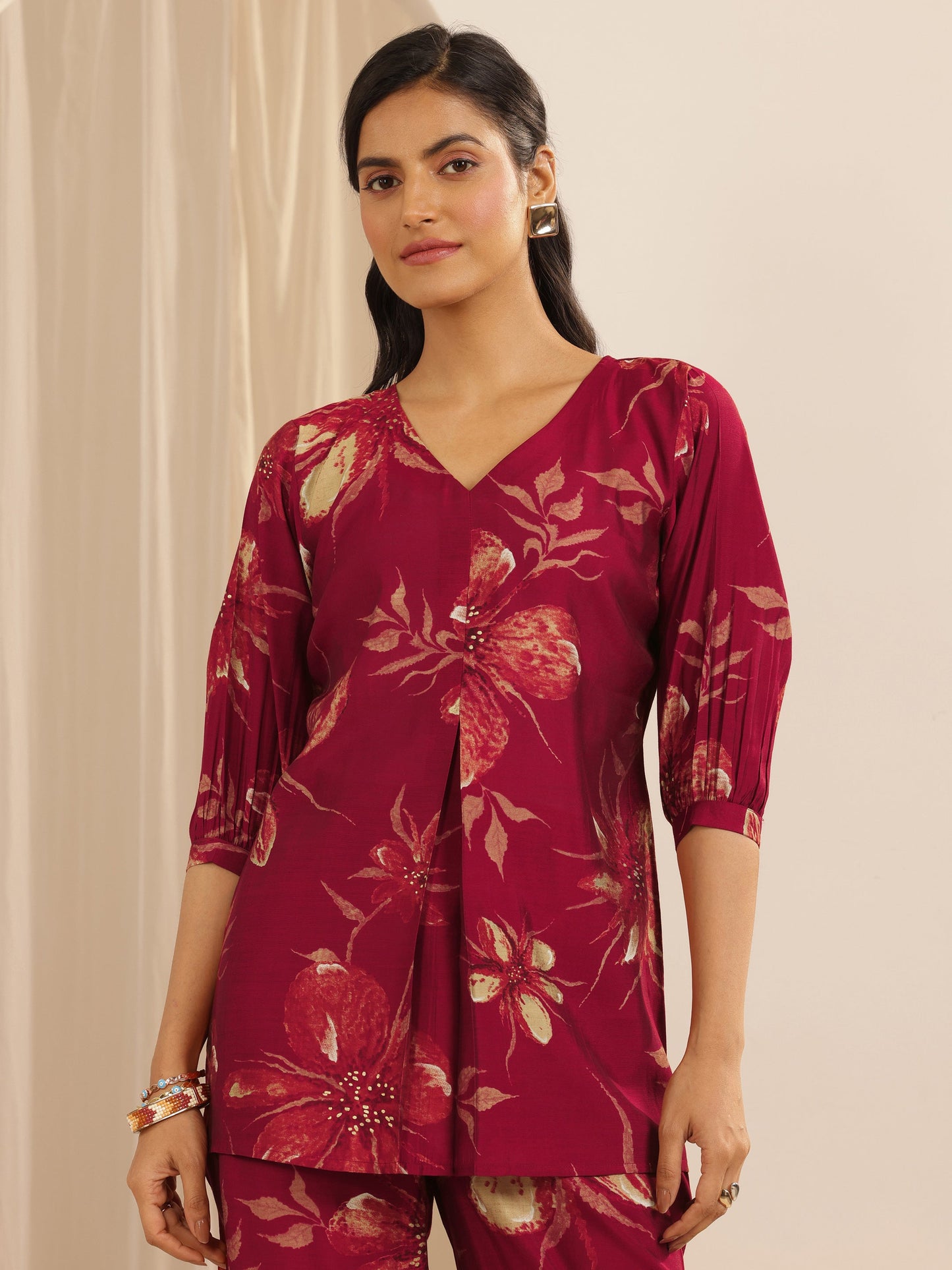 Maroon Printed Silk Blend Co-ord Sets