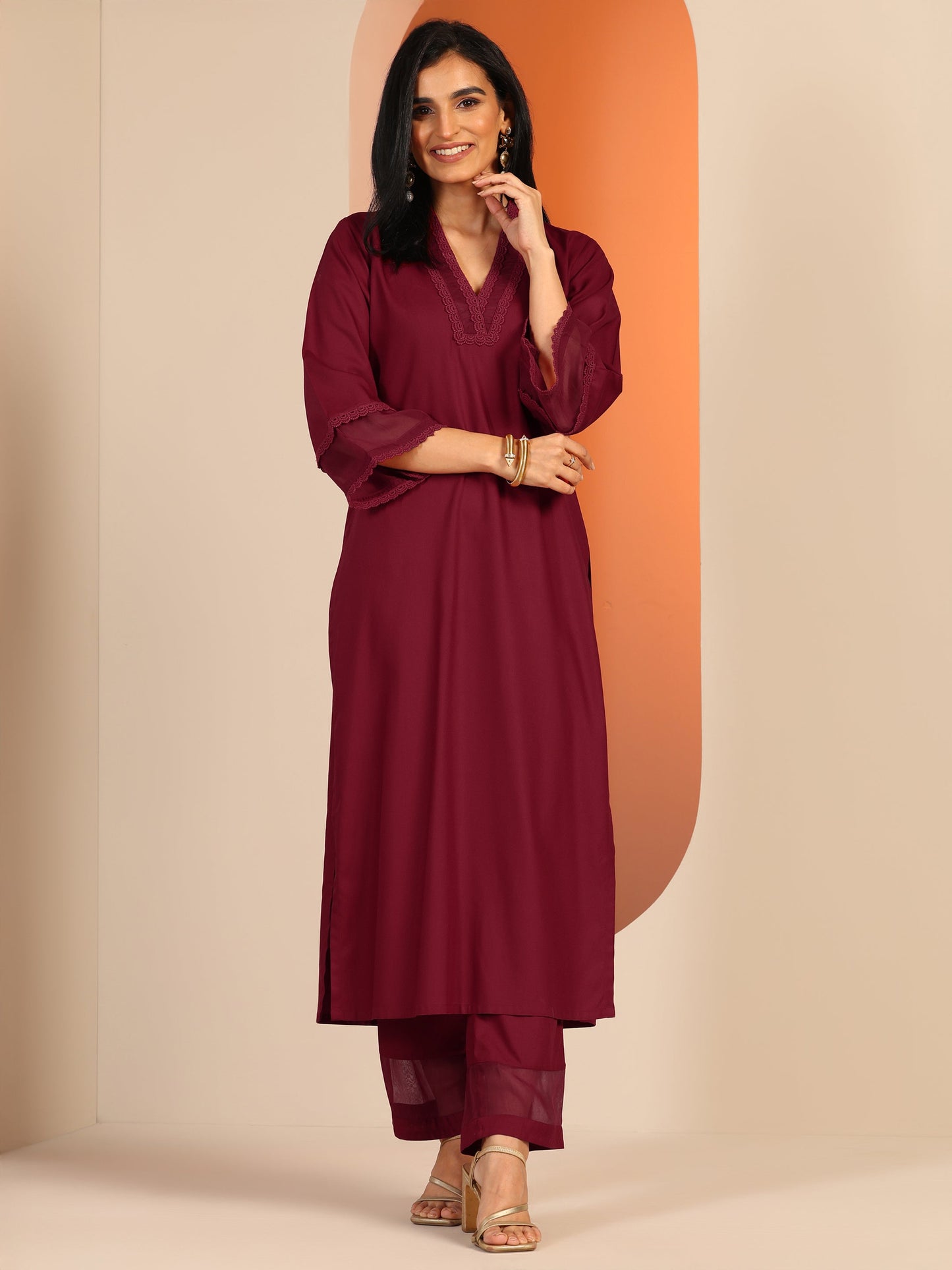 Maroon Embellished Rayon Co-Ord Sets