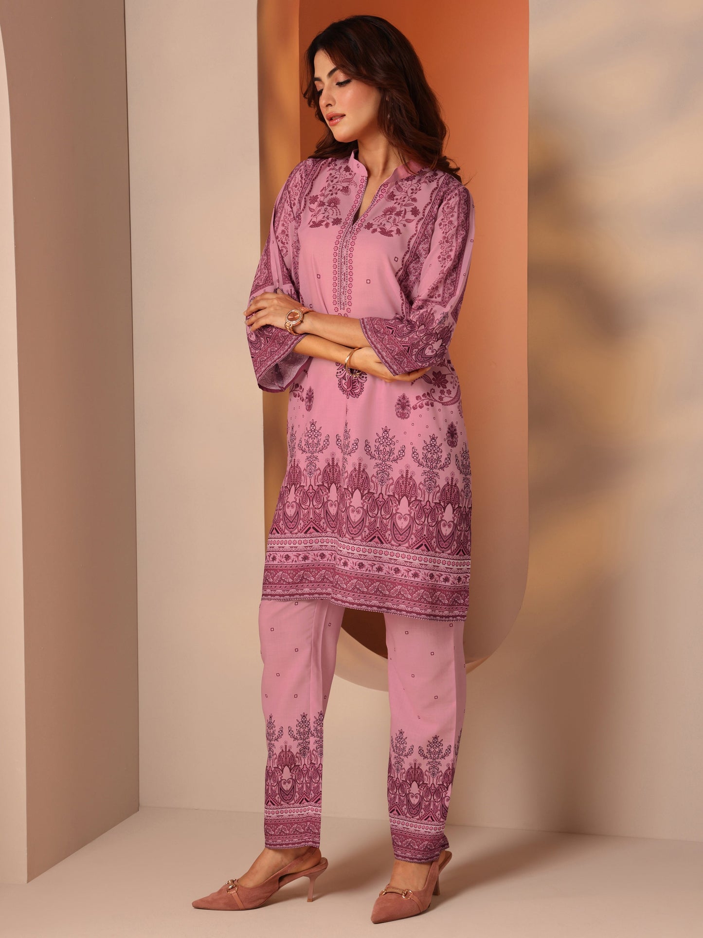 Pink Printed Cotton Blend Co-Ord Sets