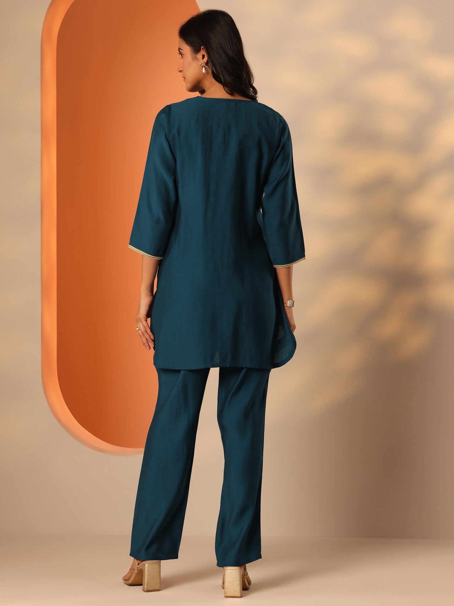 Teal Embroidered Silk Blend Co-Ord Sets