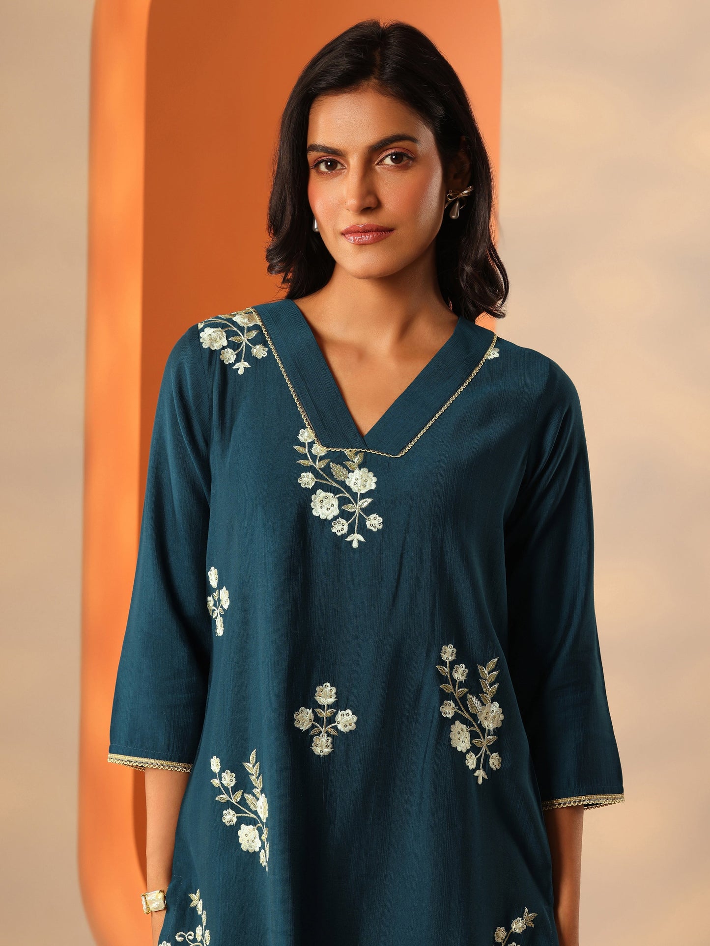 Teal Embroidered Silk Blend Co-Ord Sets