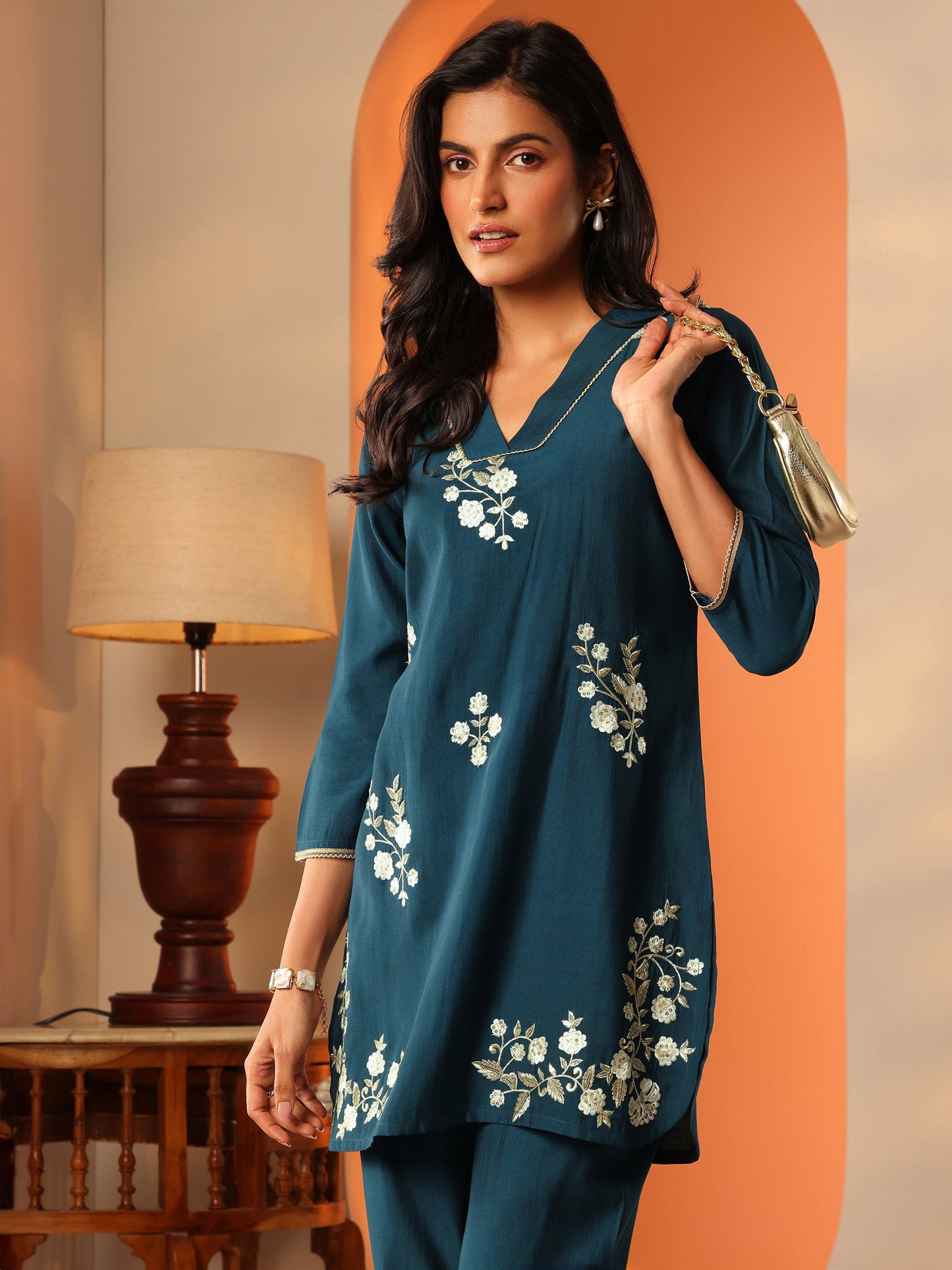 Teal Embroidered Silk Blend Co-Ord Sets