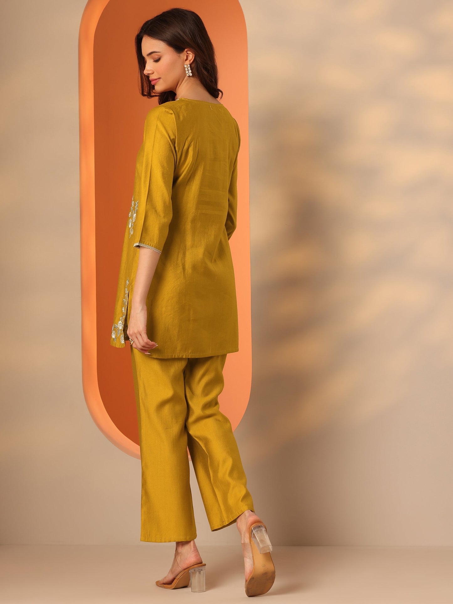 Mustard Embroidered Silk Blend Co-Ord Sets