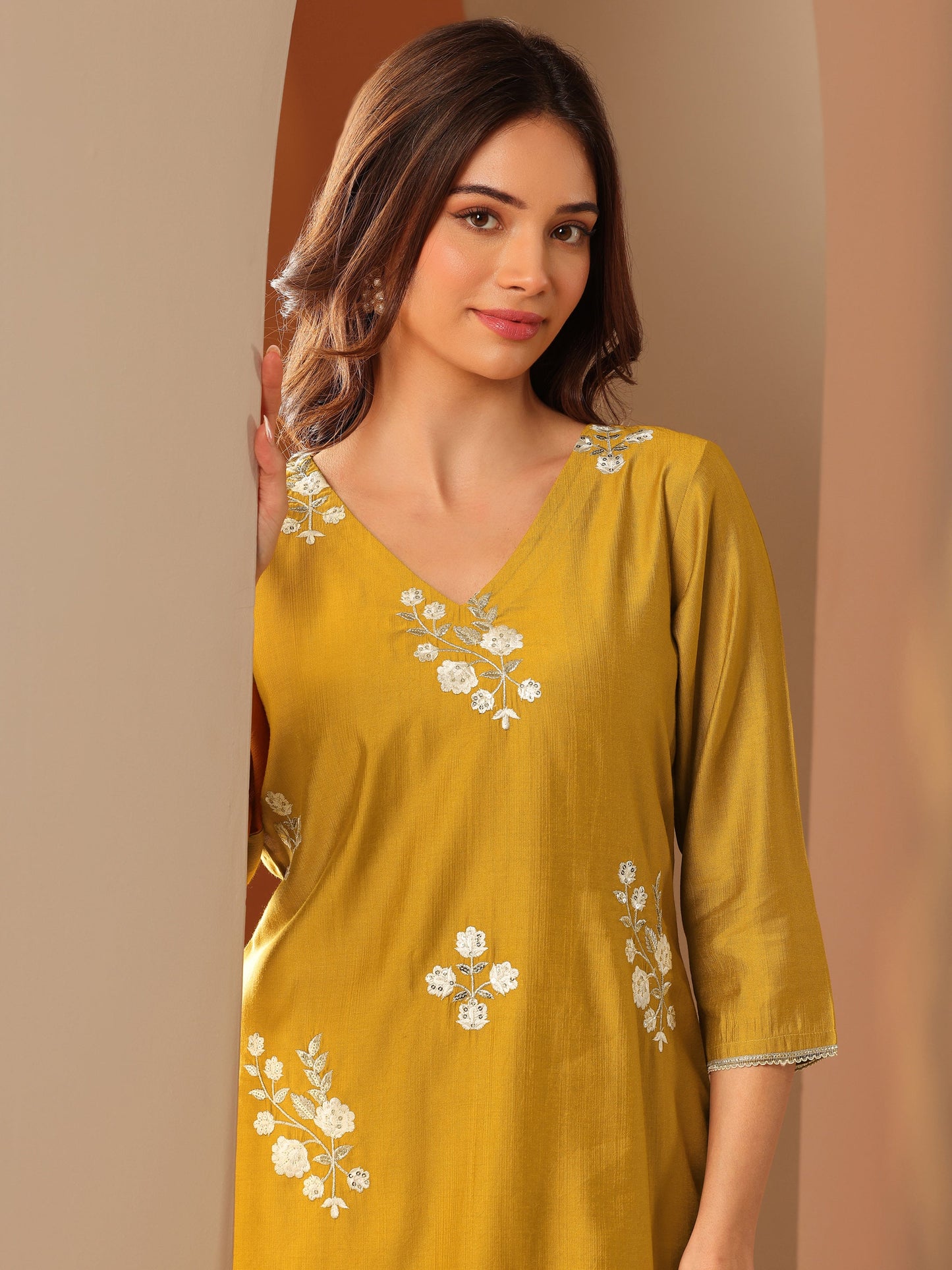 Mustard Embroidered Silk Blend Co-Ord Sets