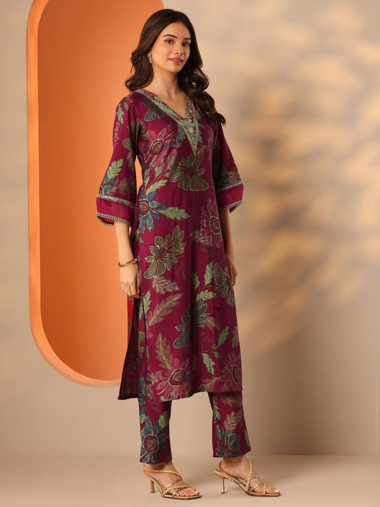 Maroon Printed Silk Blend Co-Ord Sets