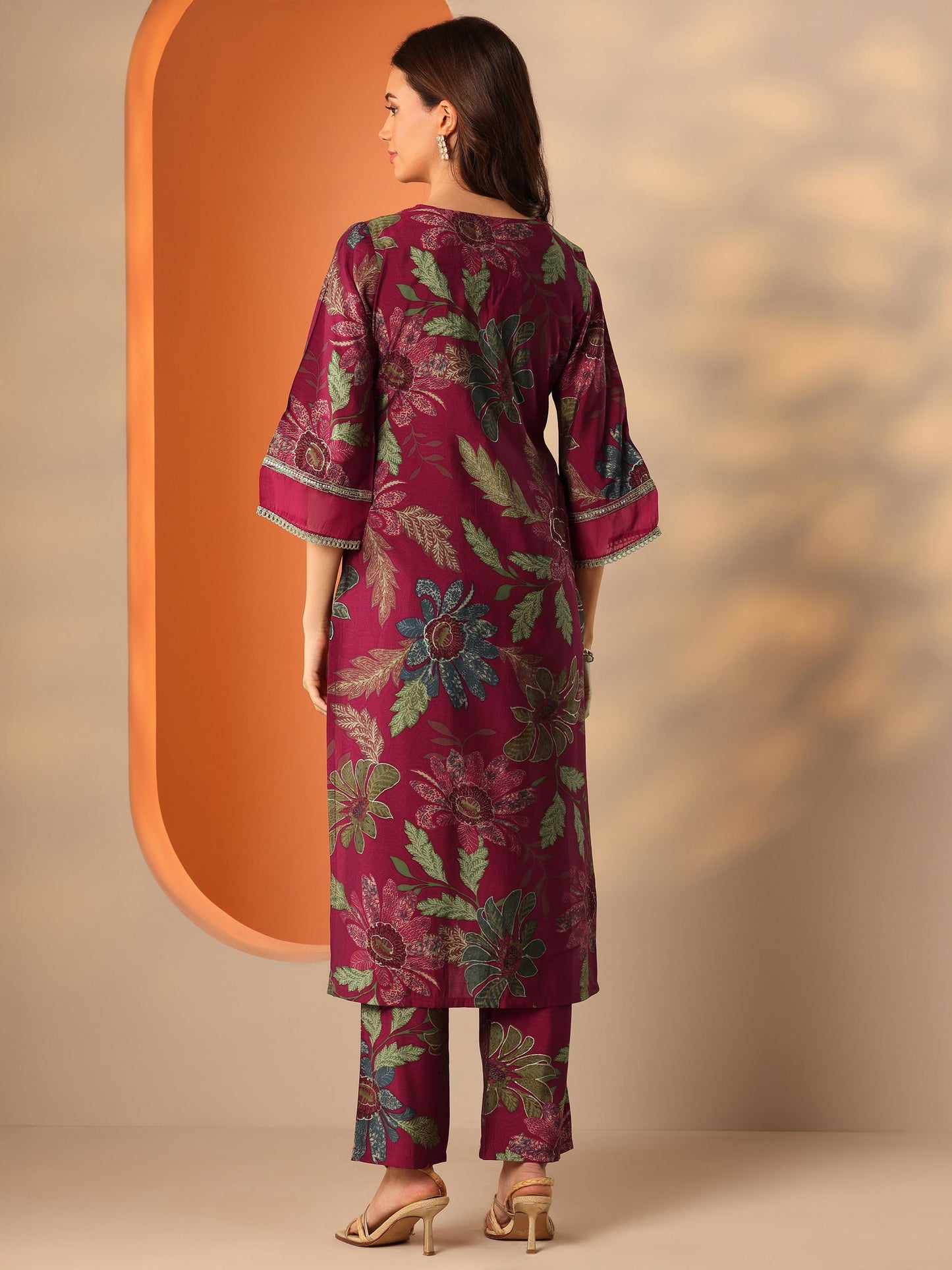 Maroon Printed Silk Blend Co-Ord Sets