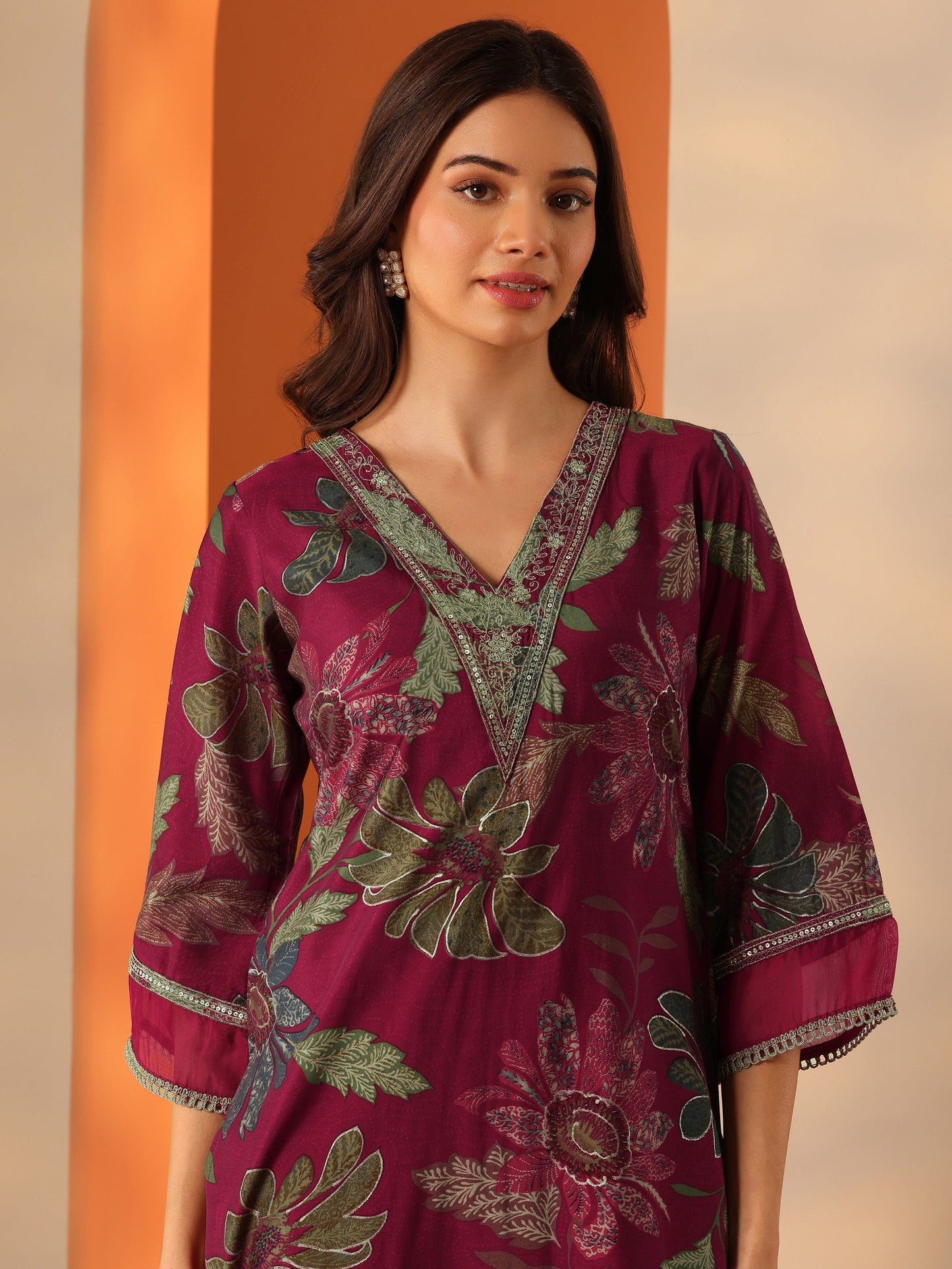 Maroon Printed Silk Blend Co-Ord Sets