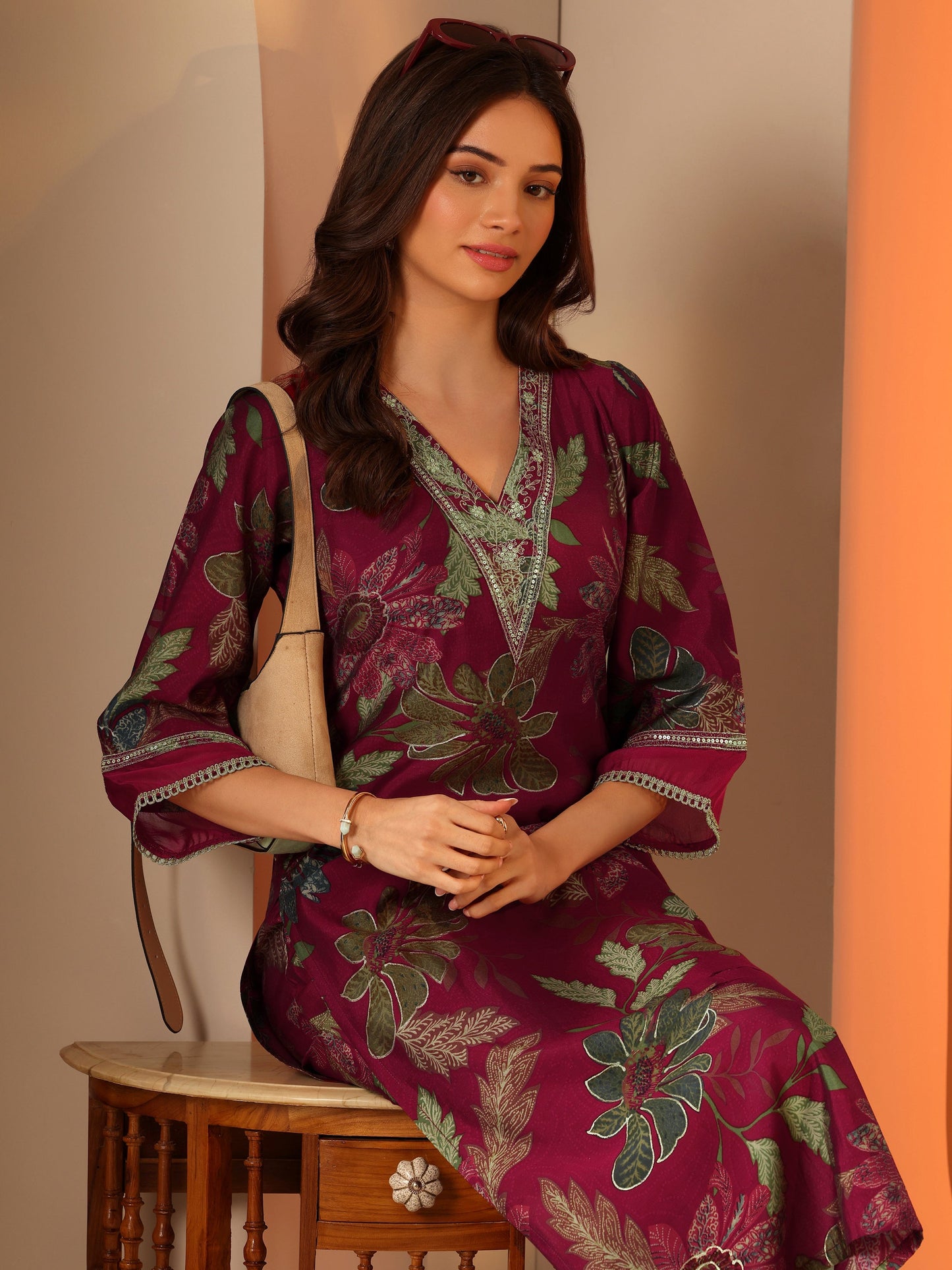 Maroon Printed Silk Blend Co-Ord Sets