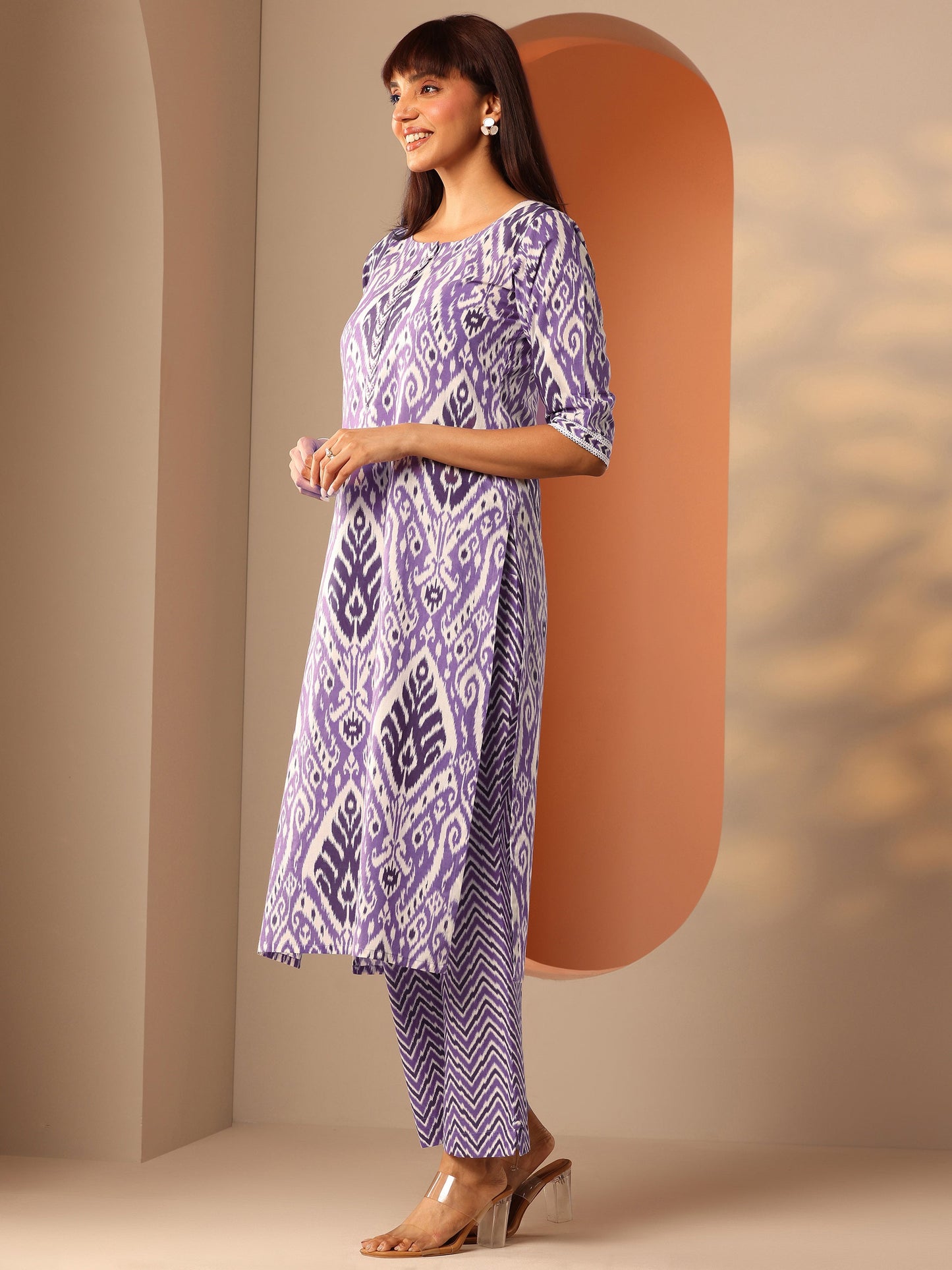 Lavender Printed Cotton Straight Kurta Set