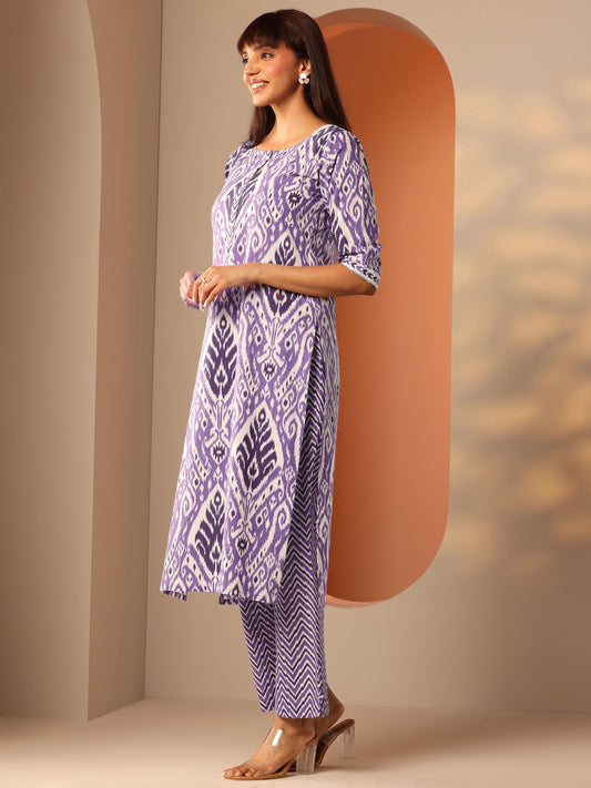 Lavender Printed Cotton Straight Kurta Set