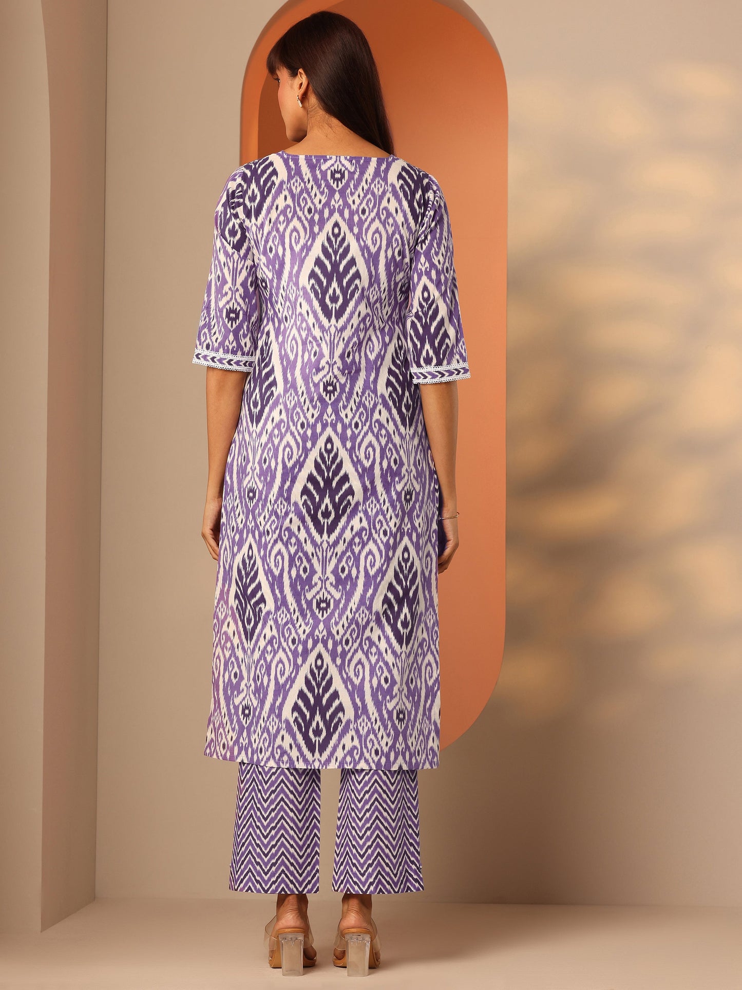 Lavender Printed Cotton Straight Kurta Set