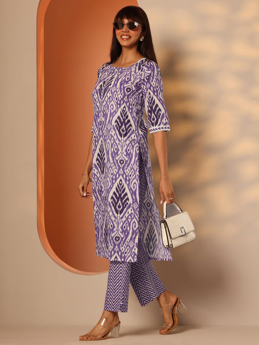 Lavender Printed Cotton Straight Kurta Set