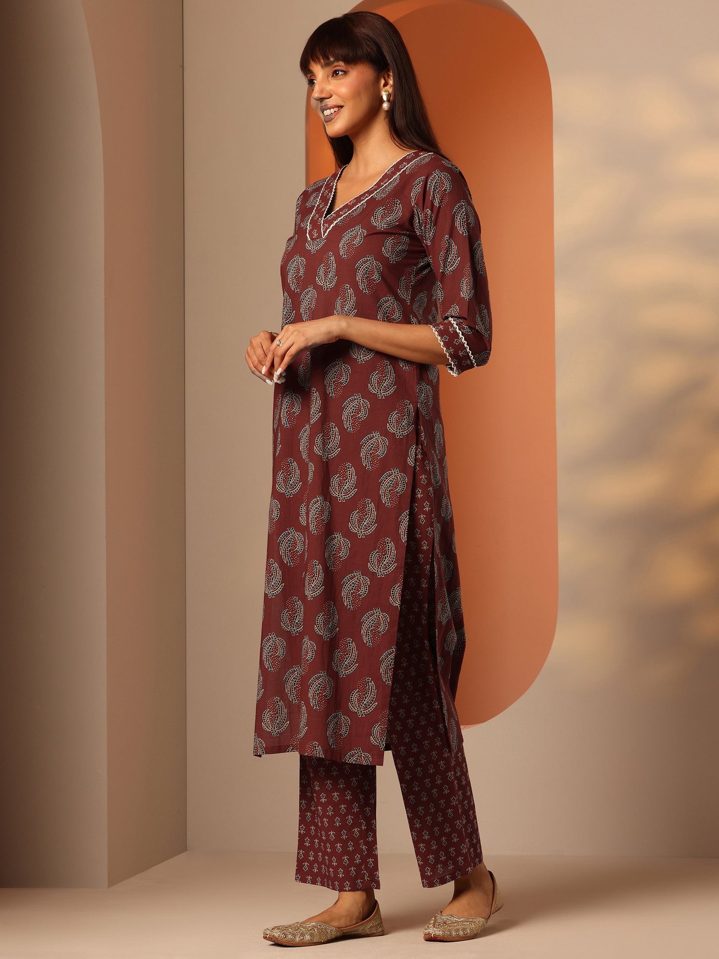 Maroon Printed Cotton Straight Kurta Set