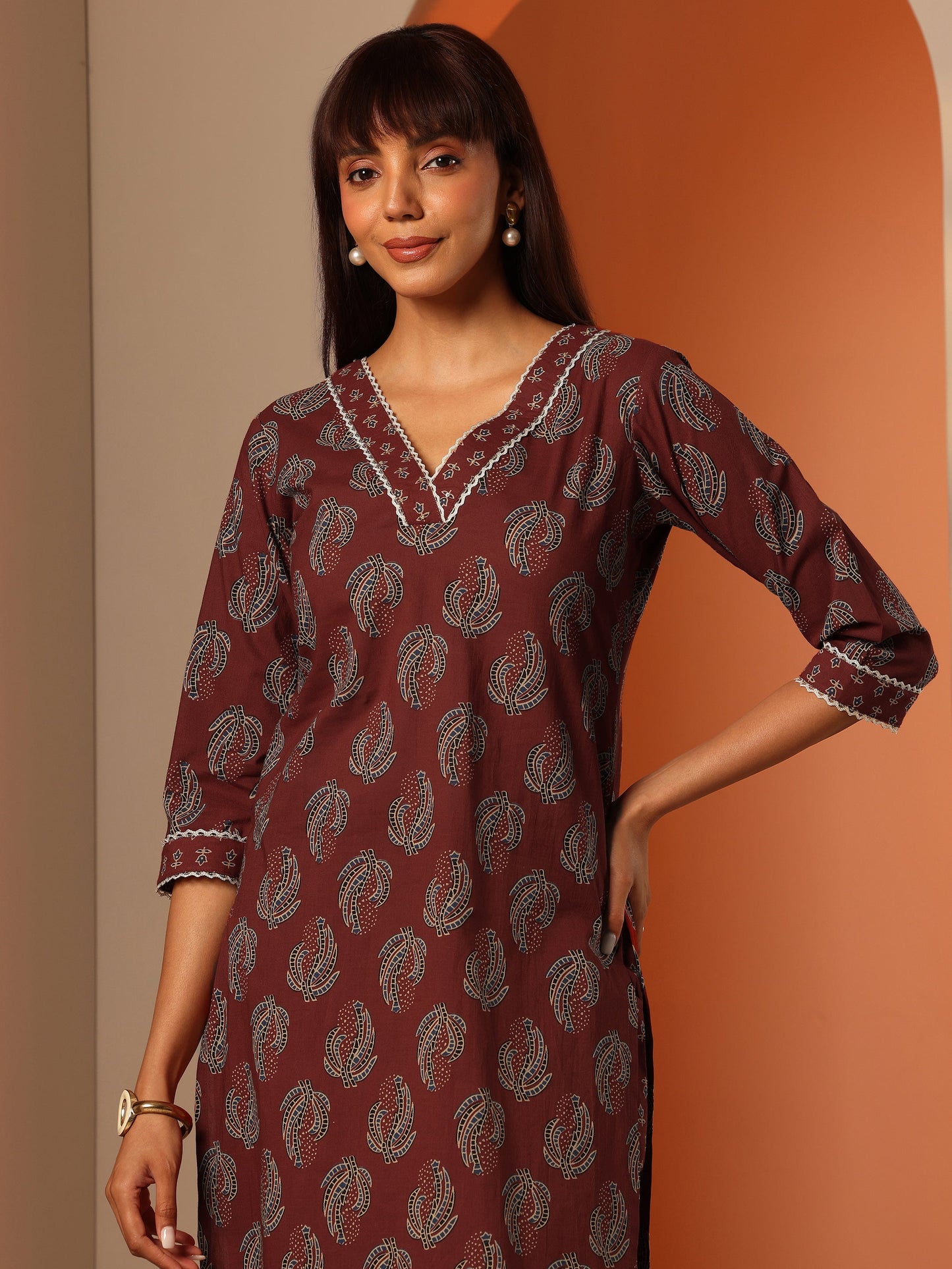 Maroon Printed Cotton Straight Kurta Set