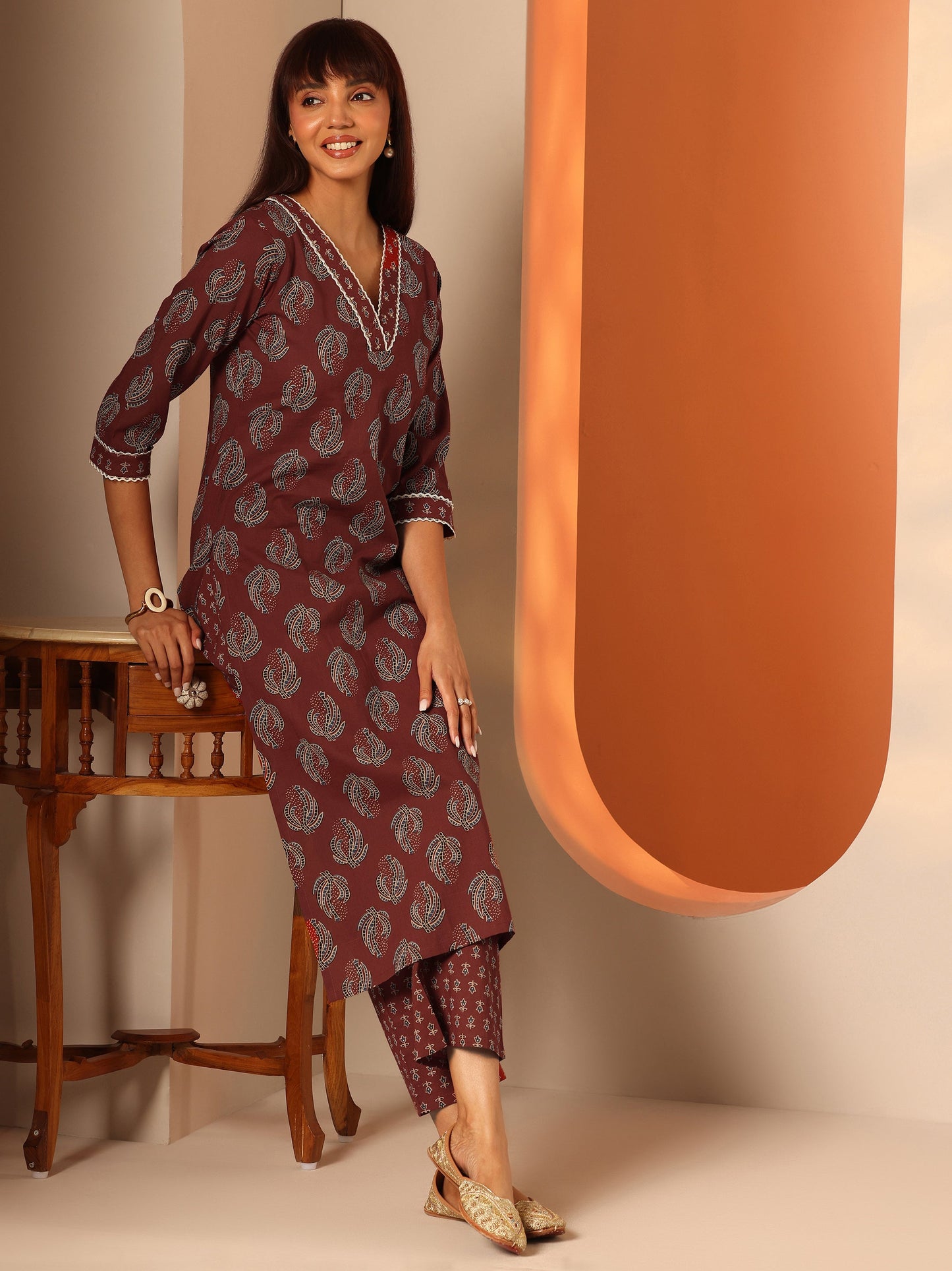 Maroon Printed Cotton Straight Kurta Set