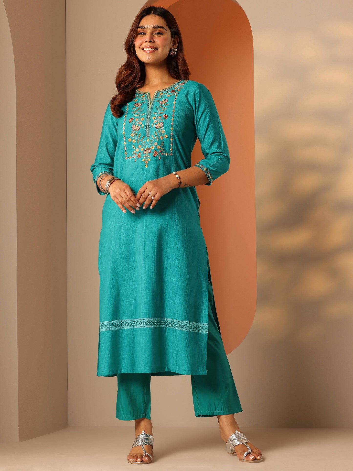 Turquoise Blue Embroidered Silk Blend Straight Kurta Set