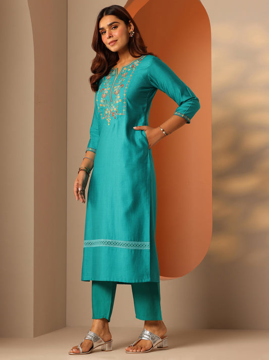 Turquoise Blue Embroidered Silk Blend Straight Kurta Set