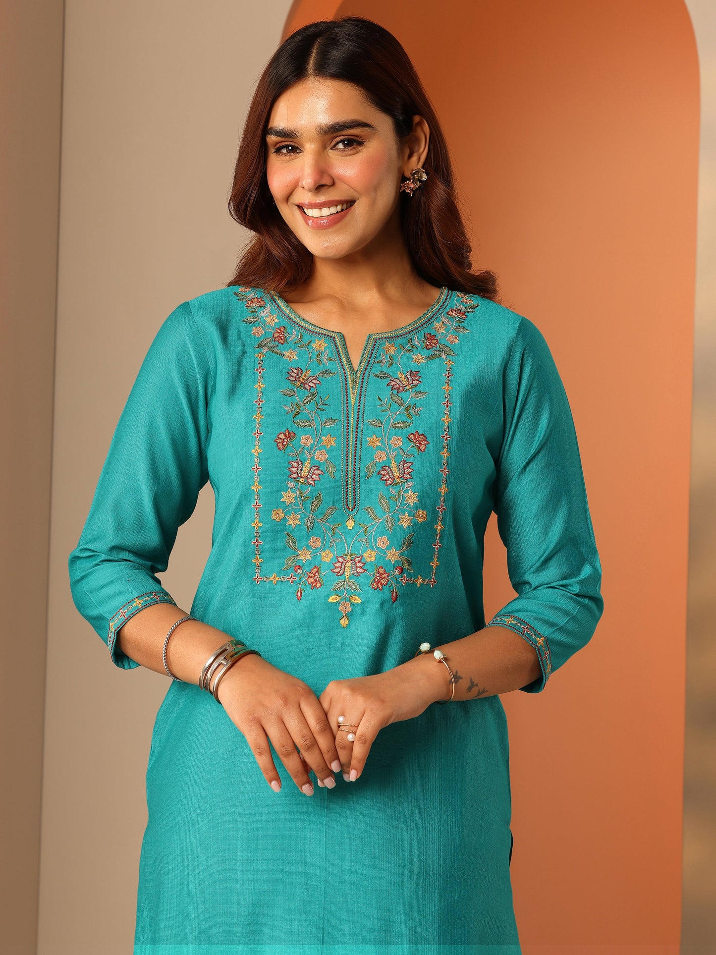 Turquoise Blue Embroidered Silk Blend Straight Kurta Set