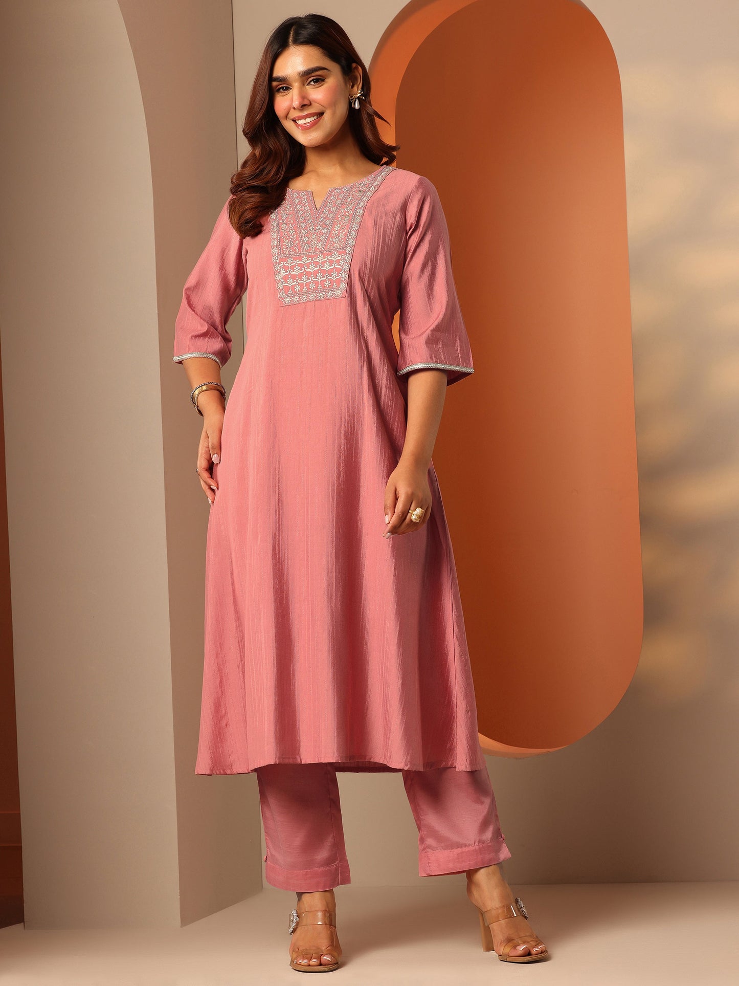 Peach Embroidered Silk Blend A-Line Kurta Set