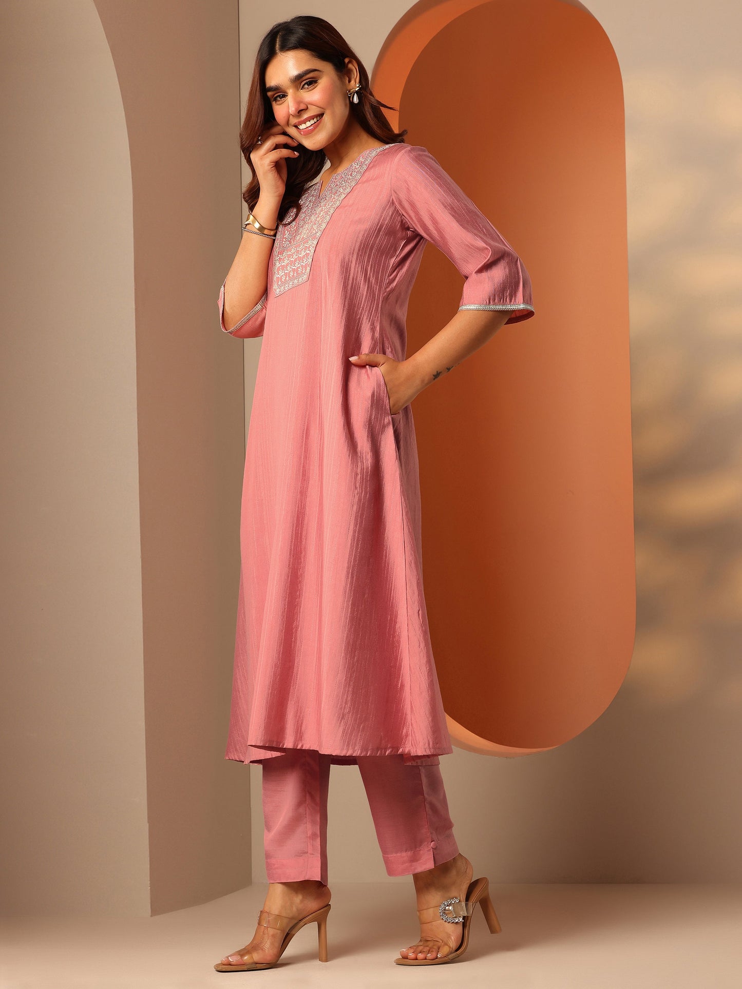 Peach Embroidered Silk Blend A-Line Kurta Set